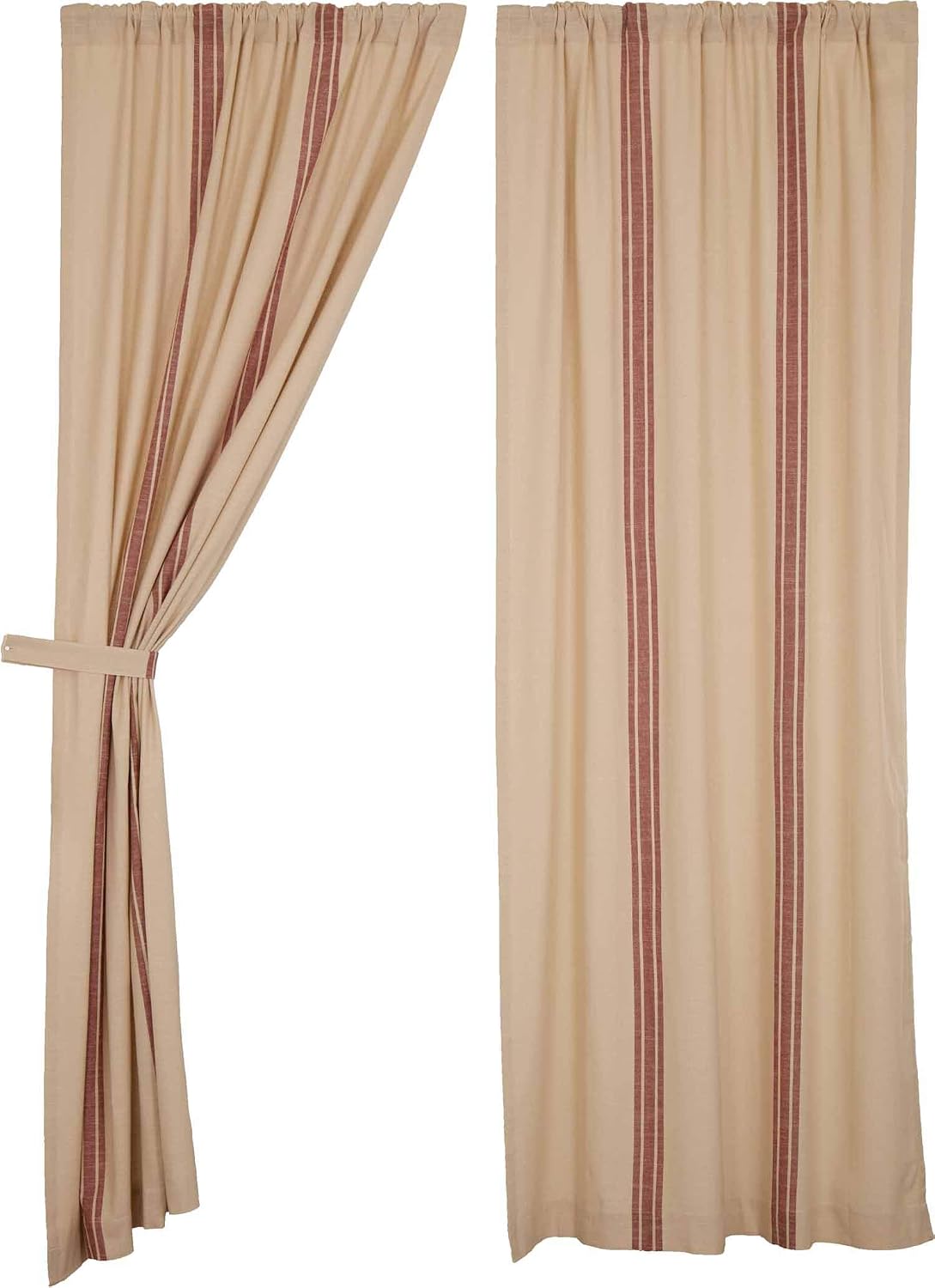 Piper Classics Market Place Red Grain Sack Stripe Panel Curtains, 96" Long, Set of 2 Panels, Farmhouse Style Drape Curtains in Brick Red & Natural Cream Stripes