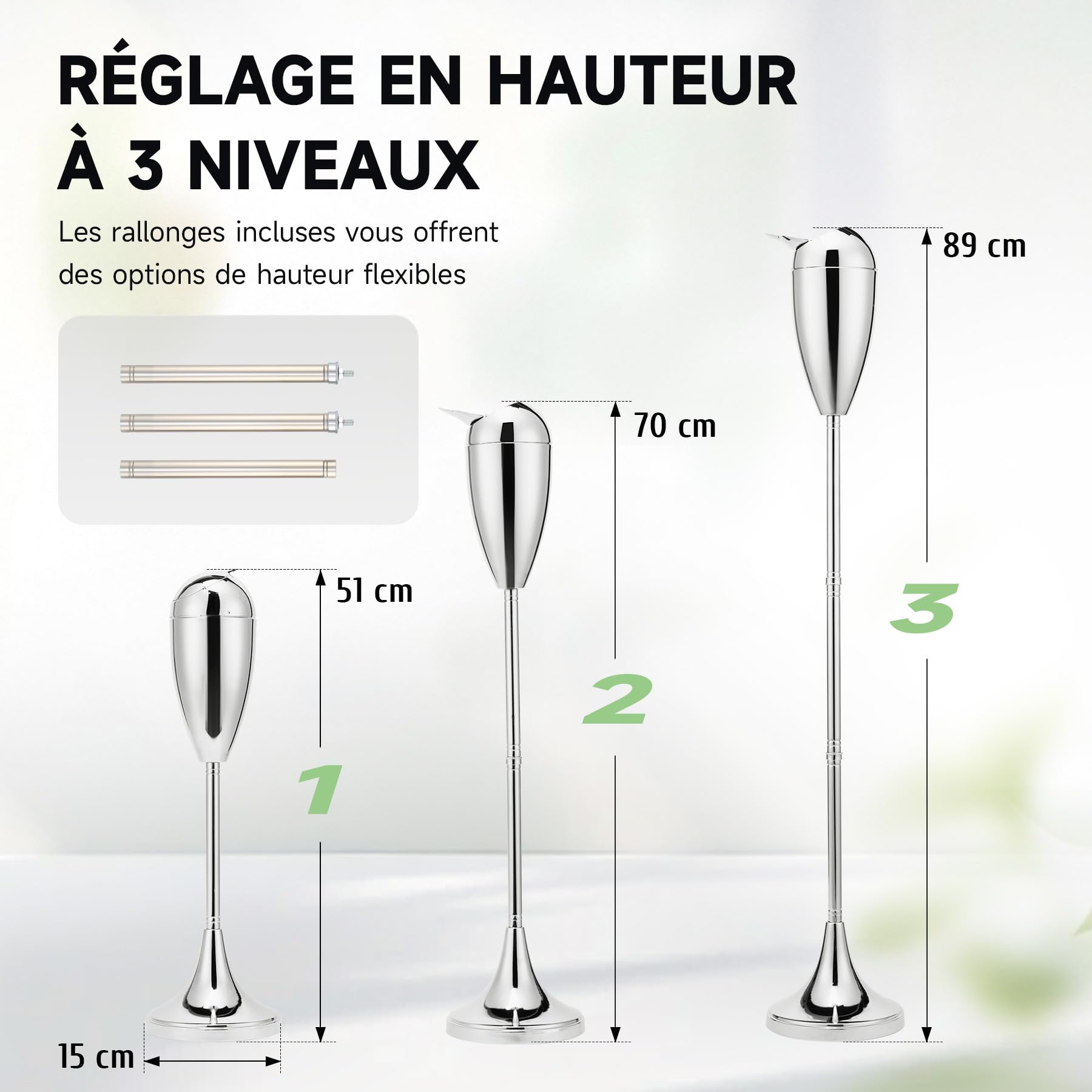 CO-Z Cendrier sur Pied Intérieur et Extérieur Hauteur Réglable 50/70/90 cm avec Couvercle en Acier pour Cigarettes pour Cigares pour Patio Décoration de la Maison et du Bureau, Argenté
