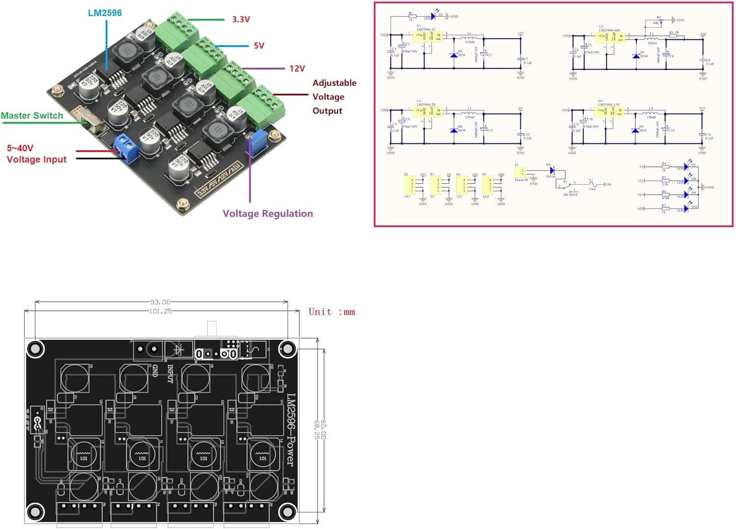 GODIYMODULES LM2596 Multi-Channel Power Supply Module - 3.3V/5V/12V/ADJ Outputs, 5-40V Input, 3A Max for Projects