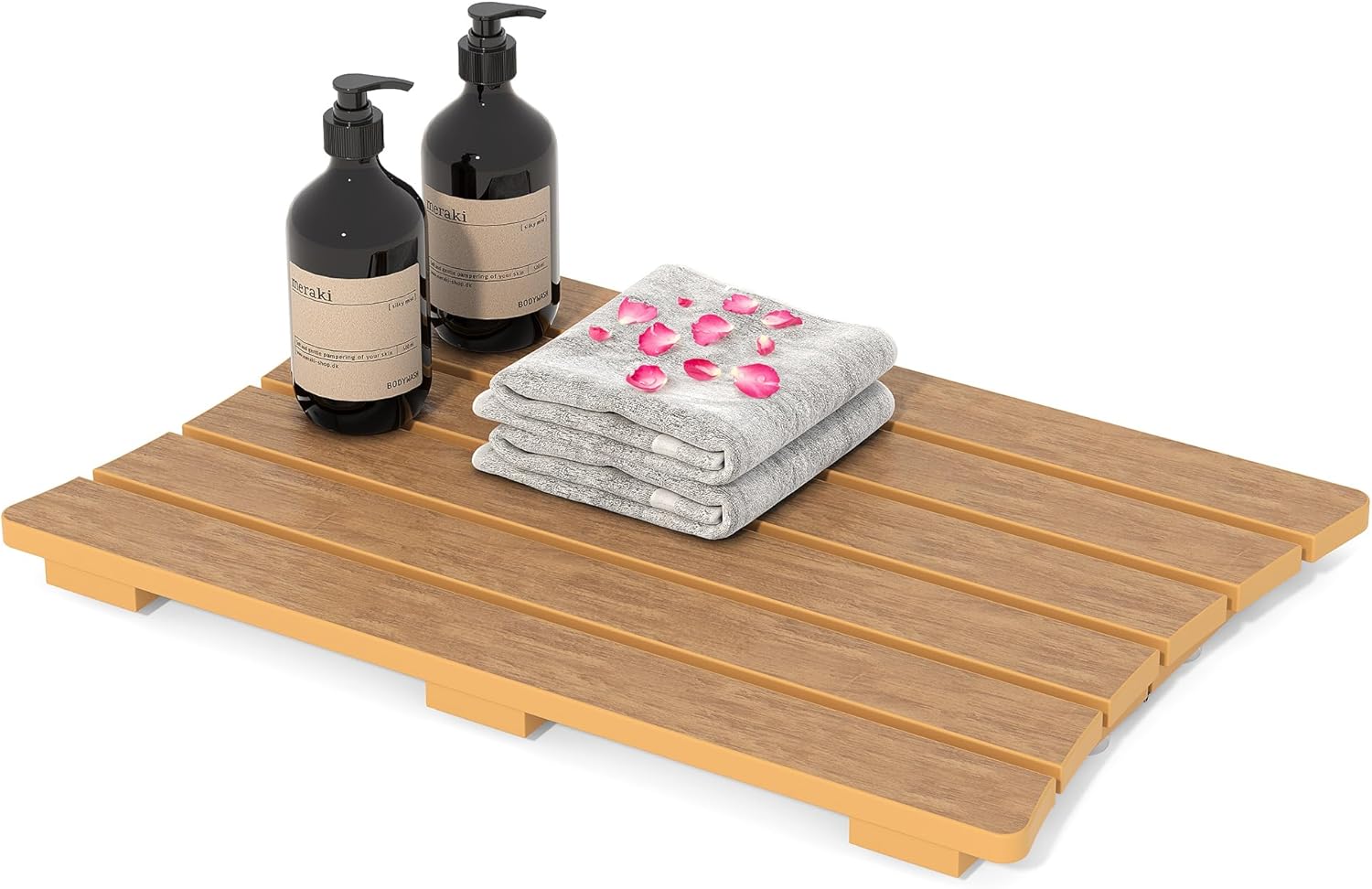 DWVO Bath Mat, Non-Slip Poly Lumber Shower Mat, Foldable HIPS Floor Mat, Spa Mat for Bathroom, 22" x 15" Bathroom Mat with Non-Slip Foot Pads, Teak
