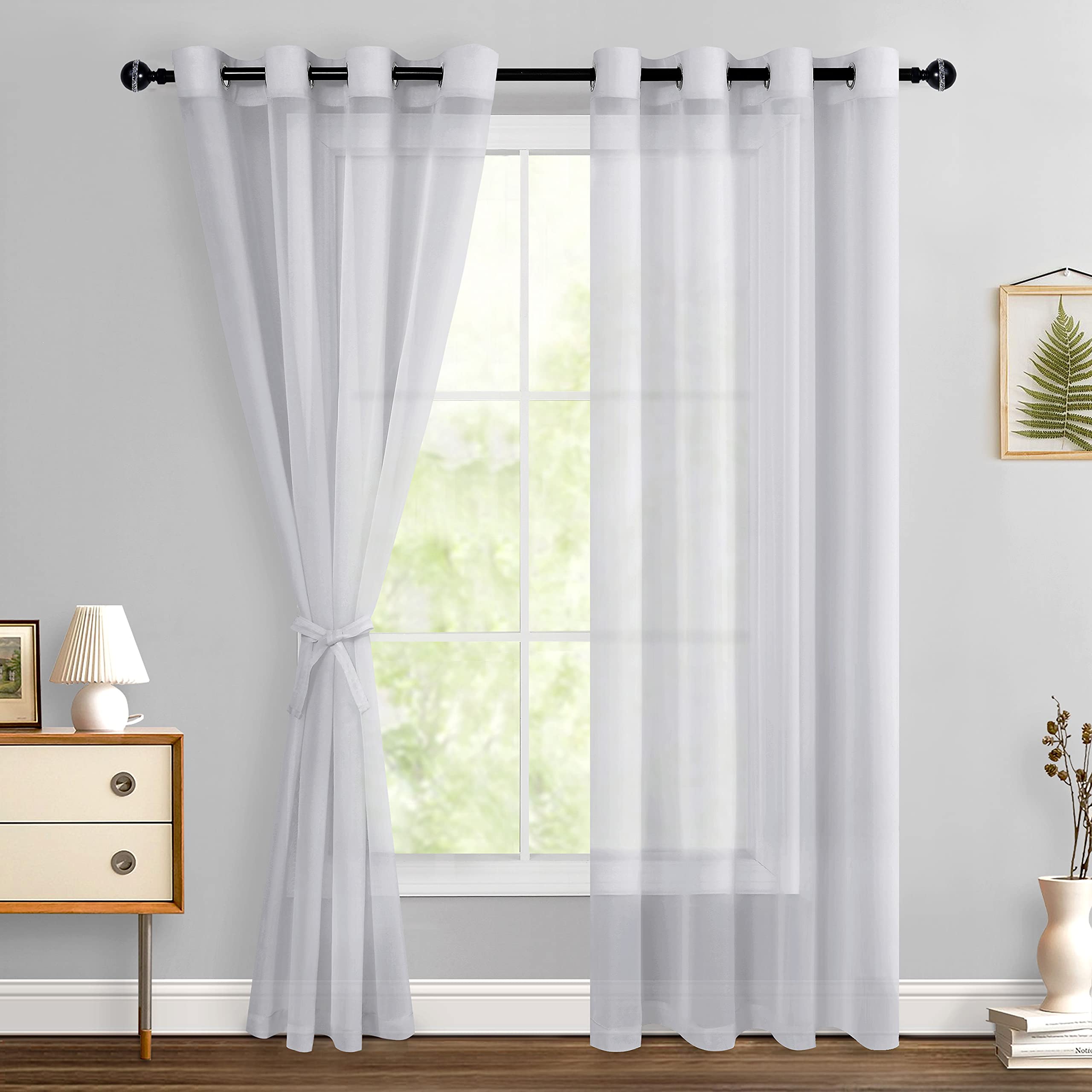 Hiasan Grey Sheer Curtains 84 Inches Long with Tiebacks, Light Filtering Airy Voile Textured Drapes Lightweight Grommet Window Curtains for Bedroom,