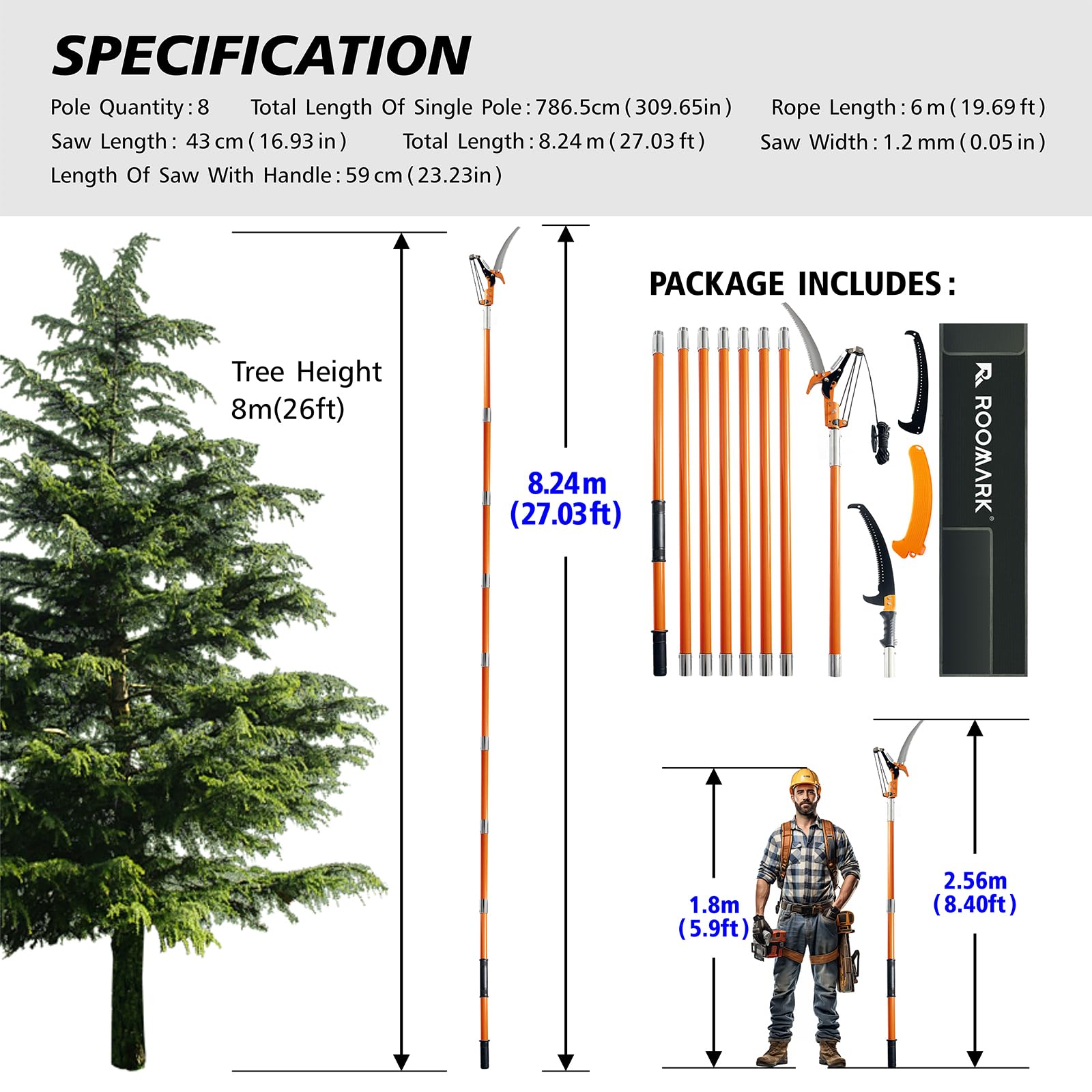 Cortador de rama telescópica, 2-8 m, extensión de podadora de jardín, herramientas de jardinería para corte rama, podadora telescópica ligera y muy resistente