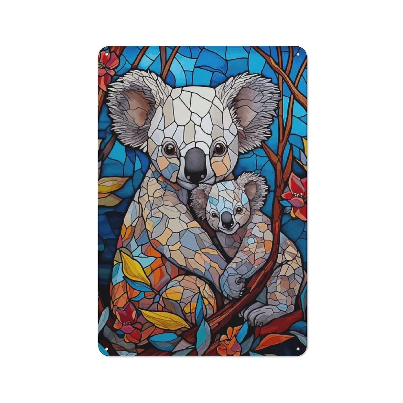 Junmoney Style-16 Koala Family In Stained Glass Rustic Tin Wall Plaque 30X20cm For Hobby Room Or Studio, A Christmas Gift For People Styling Hobby Room And Studio