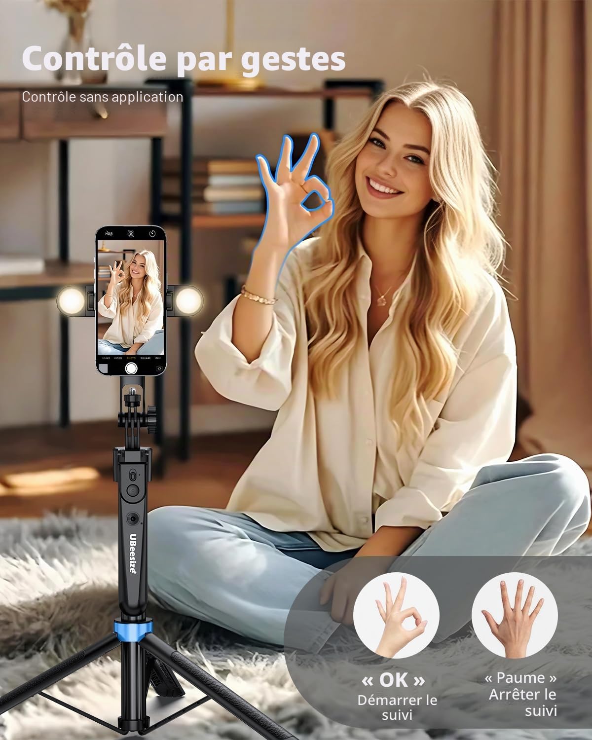UBeesize Gimbal rotatif 360° - Perche selfie avec télécommande - Détection faciale - Trépied LED pour YouTube, TikTok et live streaming