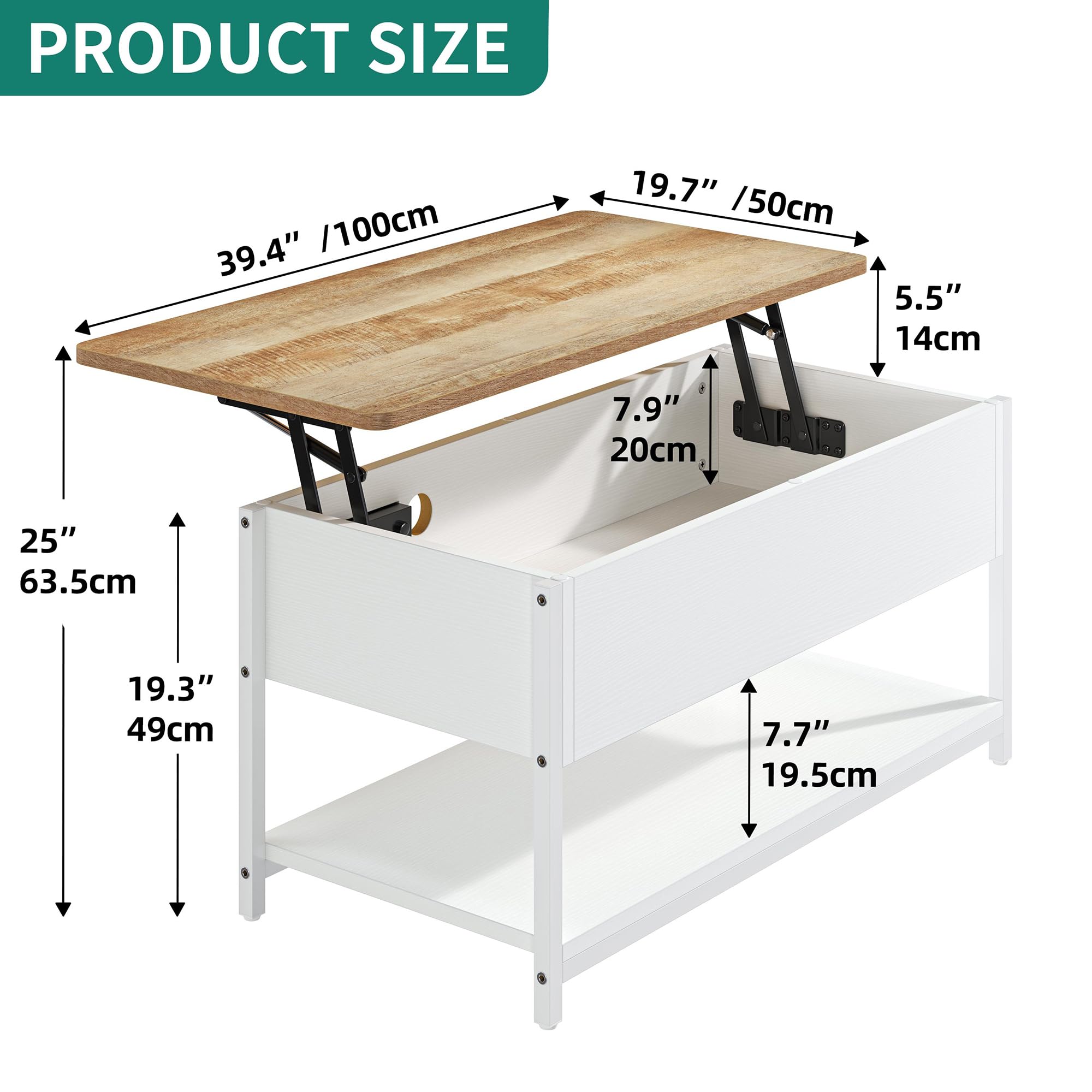 YITAHOME Mesa de Centro Elevable con LED, 2 USB y 2 Enchufes, Mesa de Café para Salón con Espacio Abierto y Oculto, 100X50X48cm, para Comedor, Dormitorio, Oficina