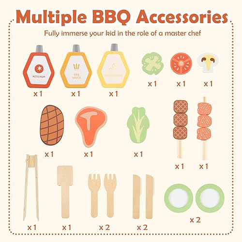 Vista 21 de Costzon Juego de parrilla para niños con ruedas, juego de parrilla de madera para niños con comida de juego, herramientas de parrilla y accesorios