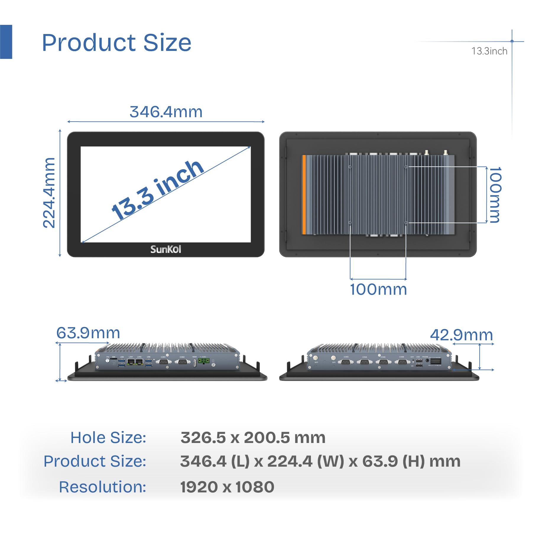 13.3" Fanless Industrial Panel PC,16:9 Embedded 10 Point Touch PC,Win 10 IP65 All-in-One Computer,Auto Power-on,for Factory,Automation,Kiosk,Business (I3-7100U, 16G RAM 256G SSD)