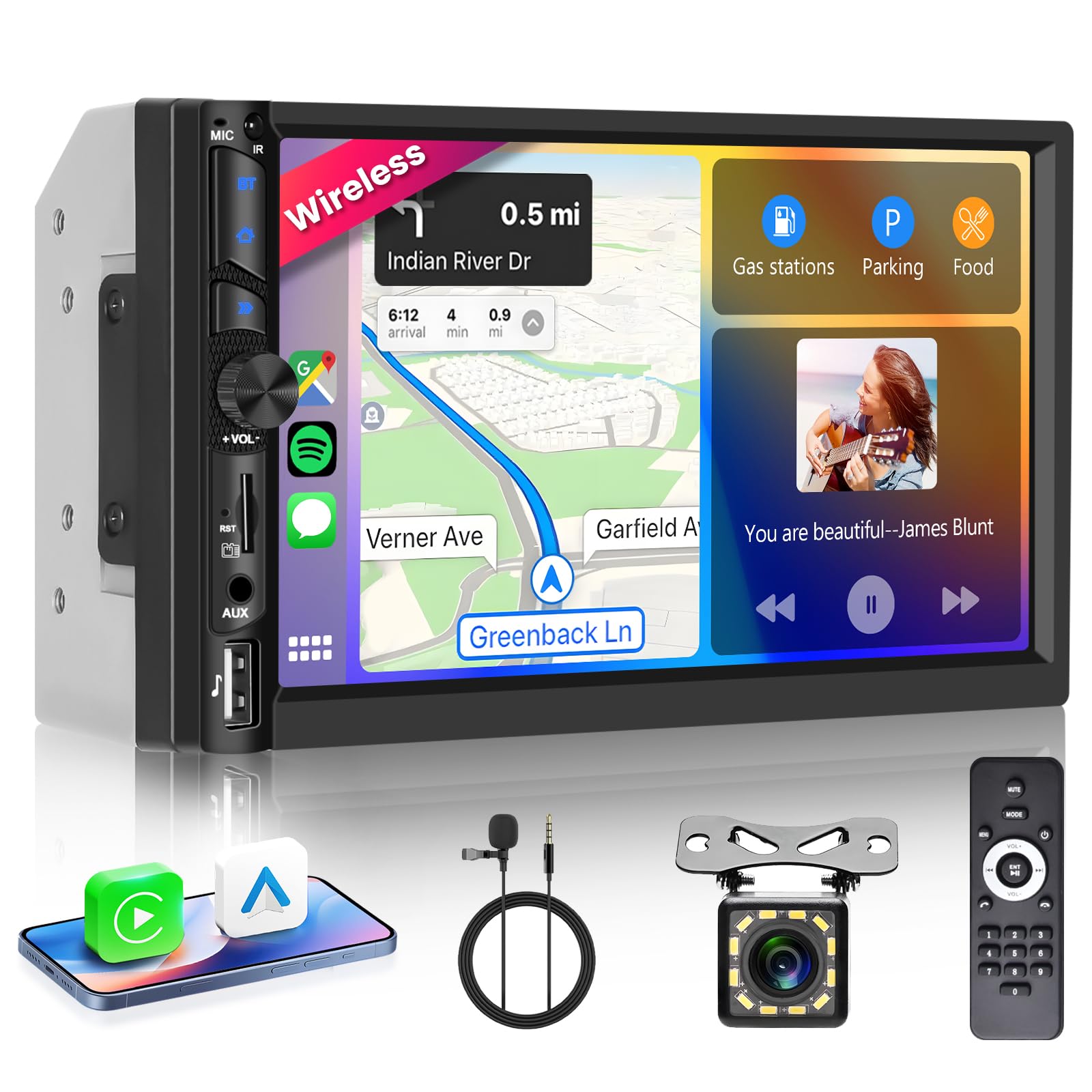 Car stereo display showing Wireless Carplay and Android Auto with navigation and voice control icons