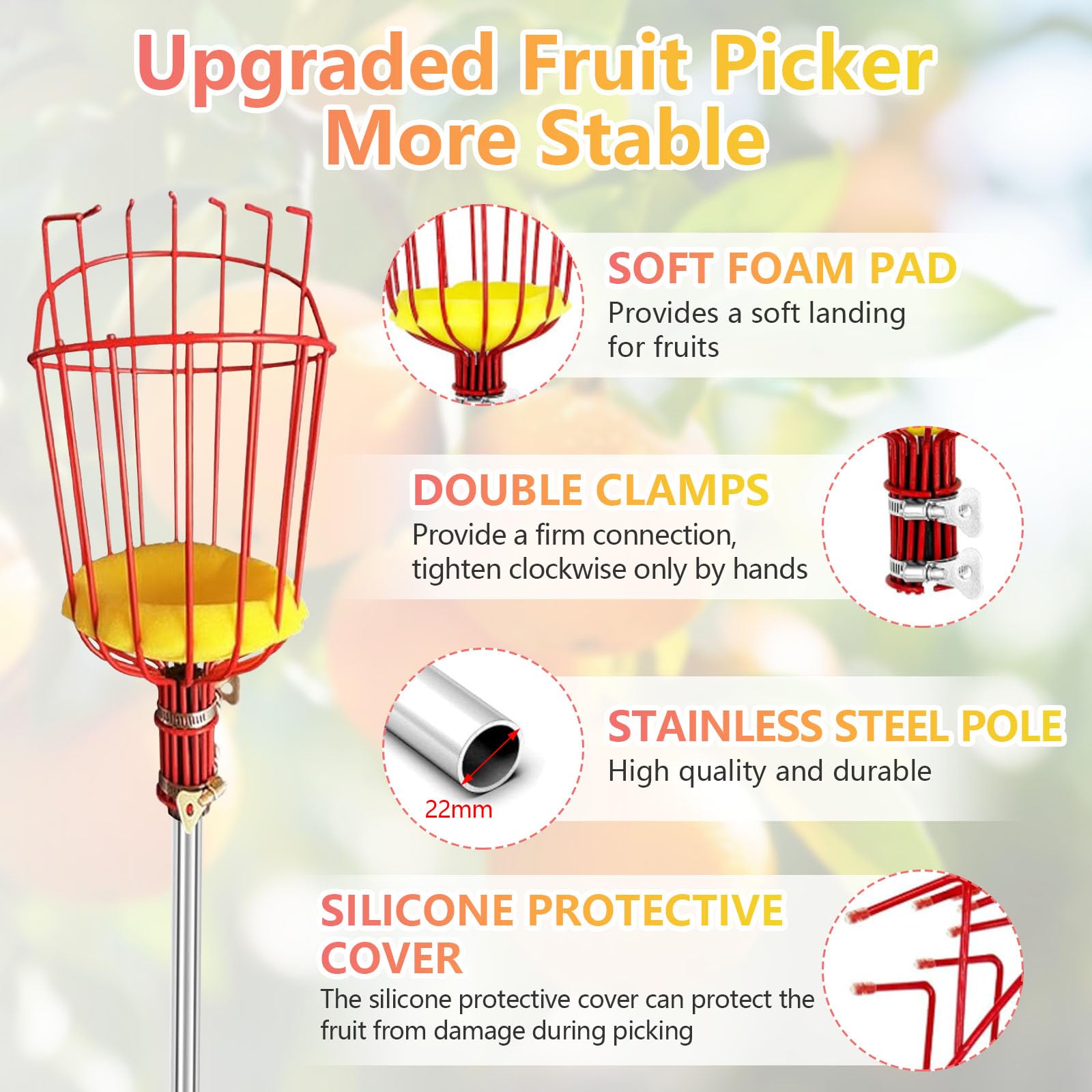 Strumento raccoglifrutta da 4,3 m, asta estensibile per raccogliere la frutta, con grande cesto avvitabile, lunghezza 2,3 m/3,3 m, regolabile in acciaio inox, attrezzi da giardinaggio per raccogliere