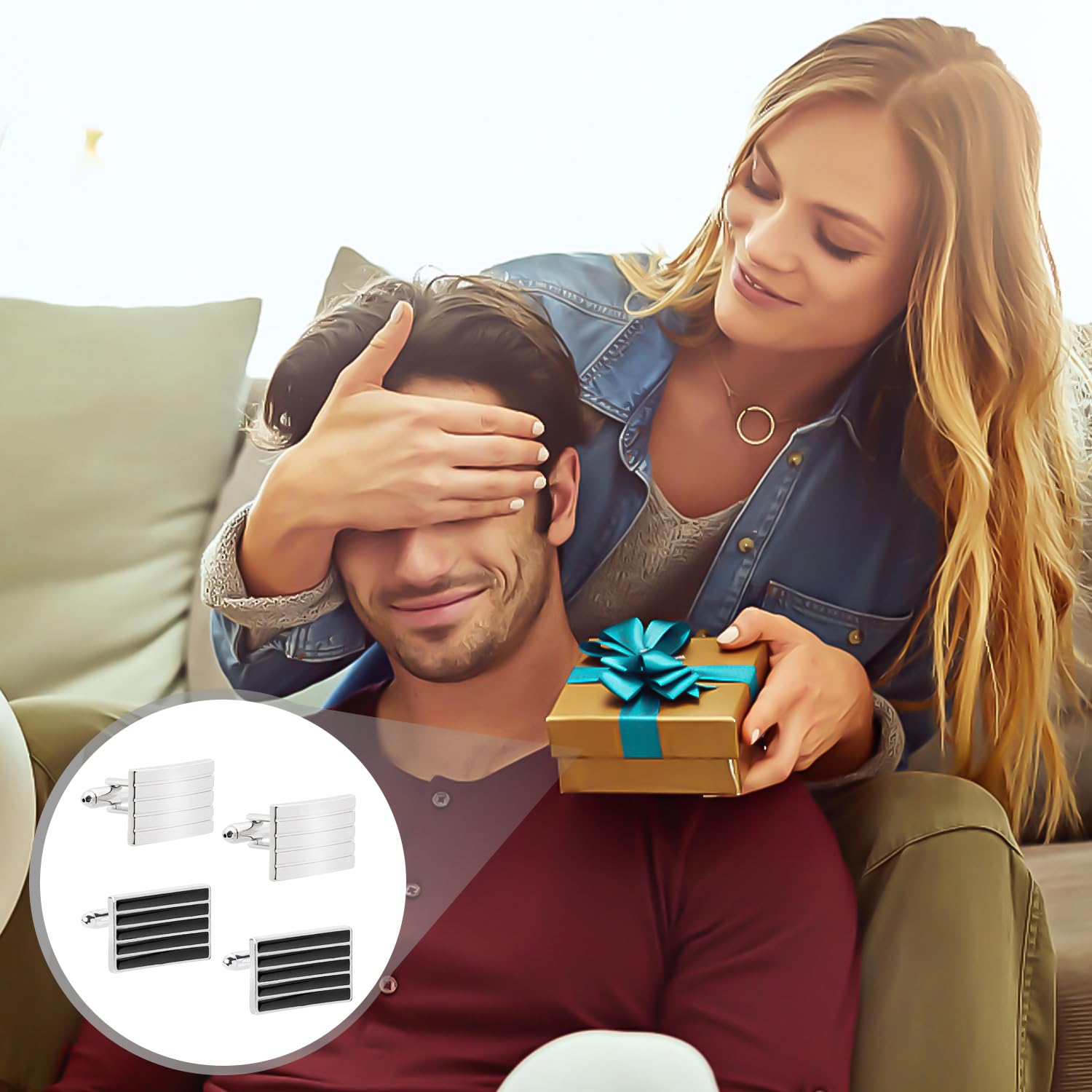 Set di 2 paia di gemelli in acciaio inossidabile, a righe, personalizzati, da uomo, camicia (nero/argento), Taglia unica, Acciaio inossidabile, Nessuna pietra preziosa