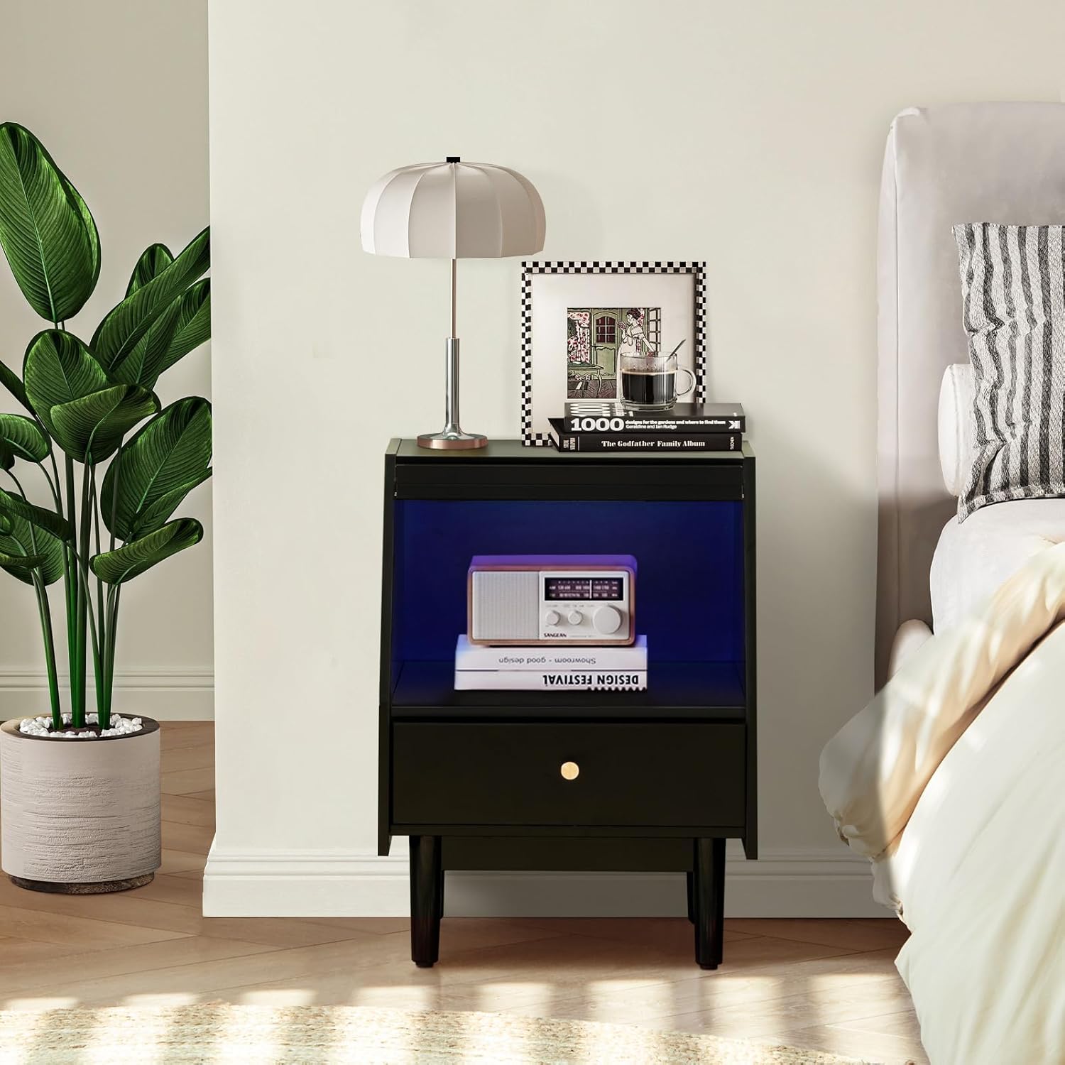 CLIPOP Led Nightstand, Bedside Table with Drawer, Solid Wood Legs, Fluted Glass Door Night Stand for Bedroom, Small Space, Black