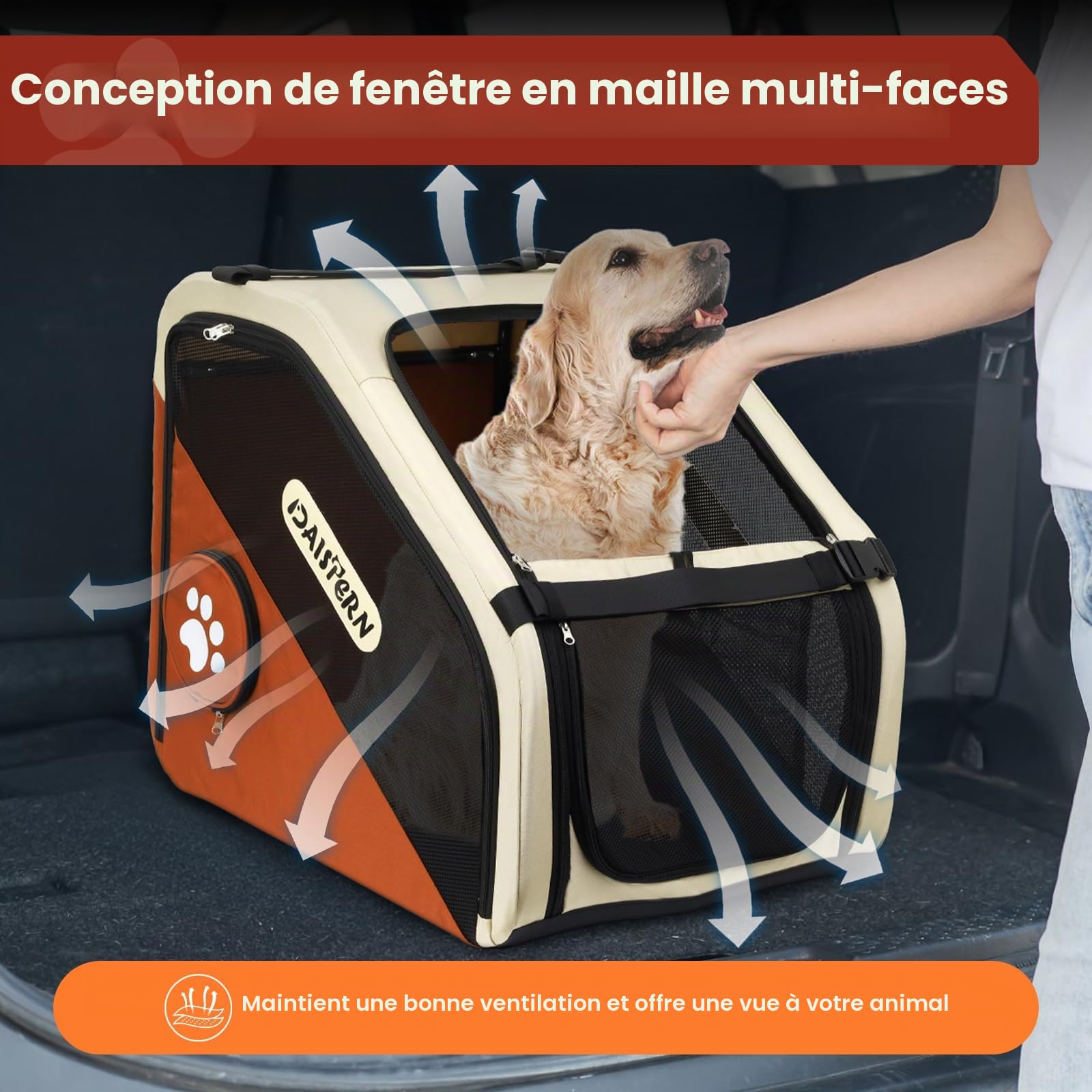 Cage de Transport Chien Pliable pour Voiture, Caisse de Voyage Souple pour Petits et Moyens Chiens, Cadre Métal Robuste, Fenêtres Maille Respirantes, Pliage Rapide, Brun