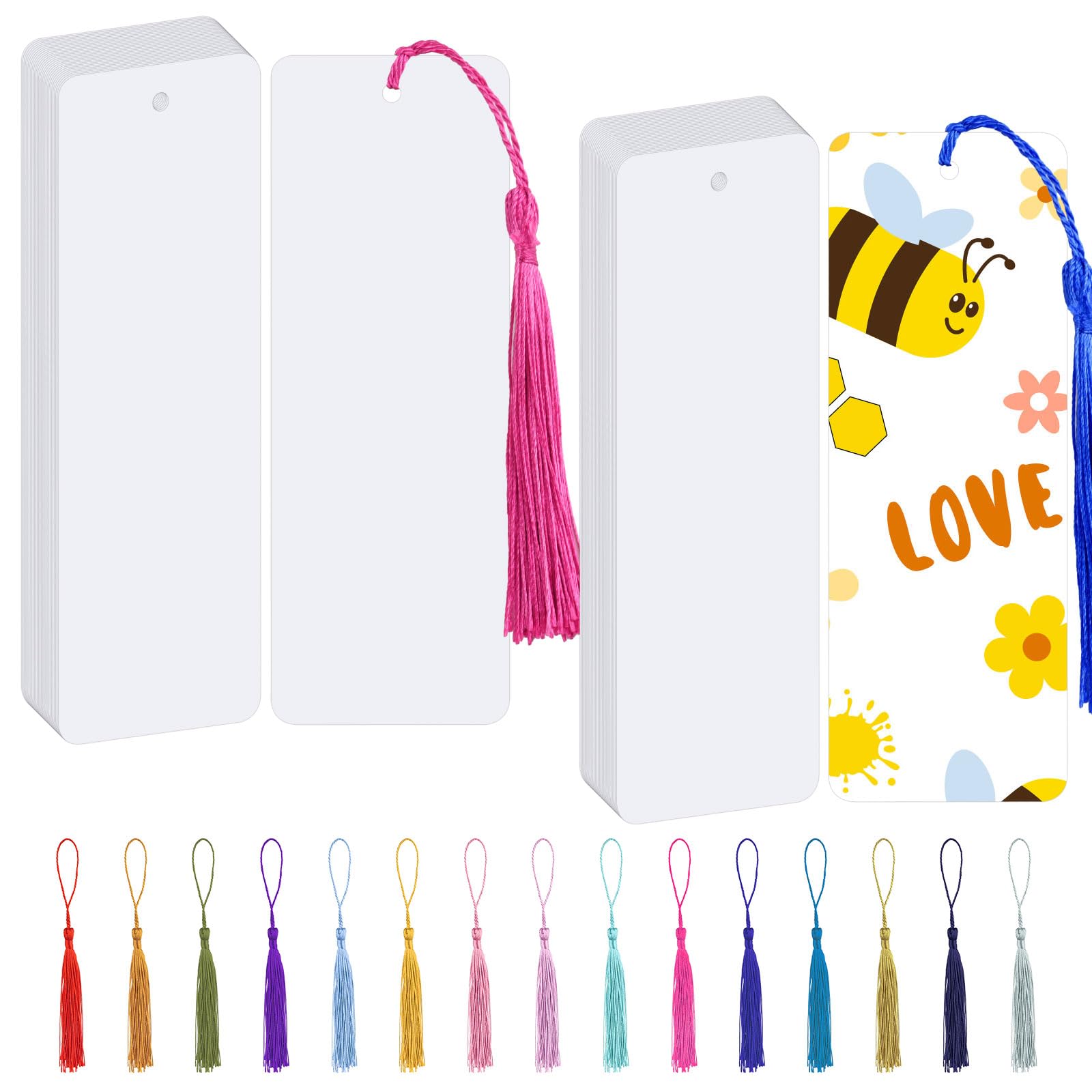 Blank Bookmarks, 60 pcs Paper Card Bookmark with 60 pcs Colorful Tassels, Page Markers with Hole, Bookmark Making Kit for Kids Students DIY Crafts (White)