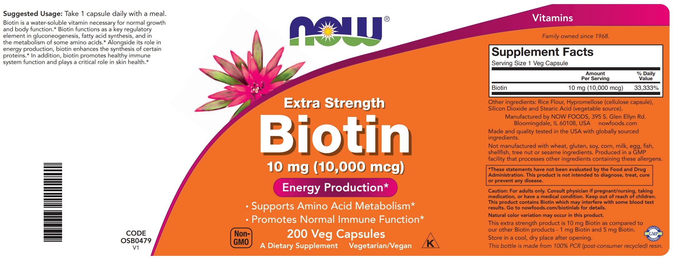 NOW Foods Extra Strength Biotin 10,000mcg / 10 mg - 200 Count - Hair, Skin, Nail - Supplement for Men and Women - B7 Vitamin - Vegetarian, Vegan, Non-GMO — Amazon image 4