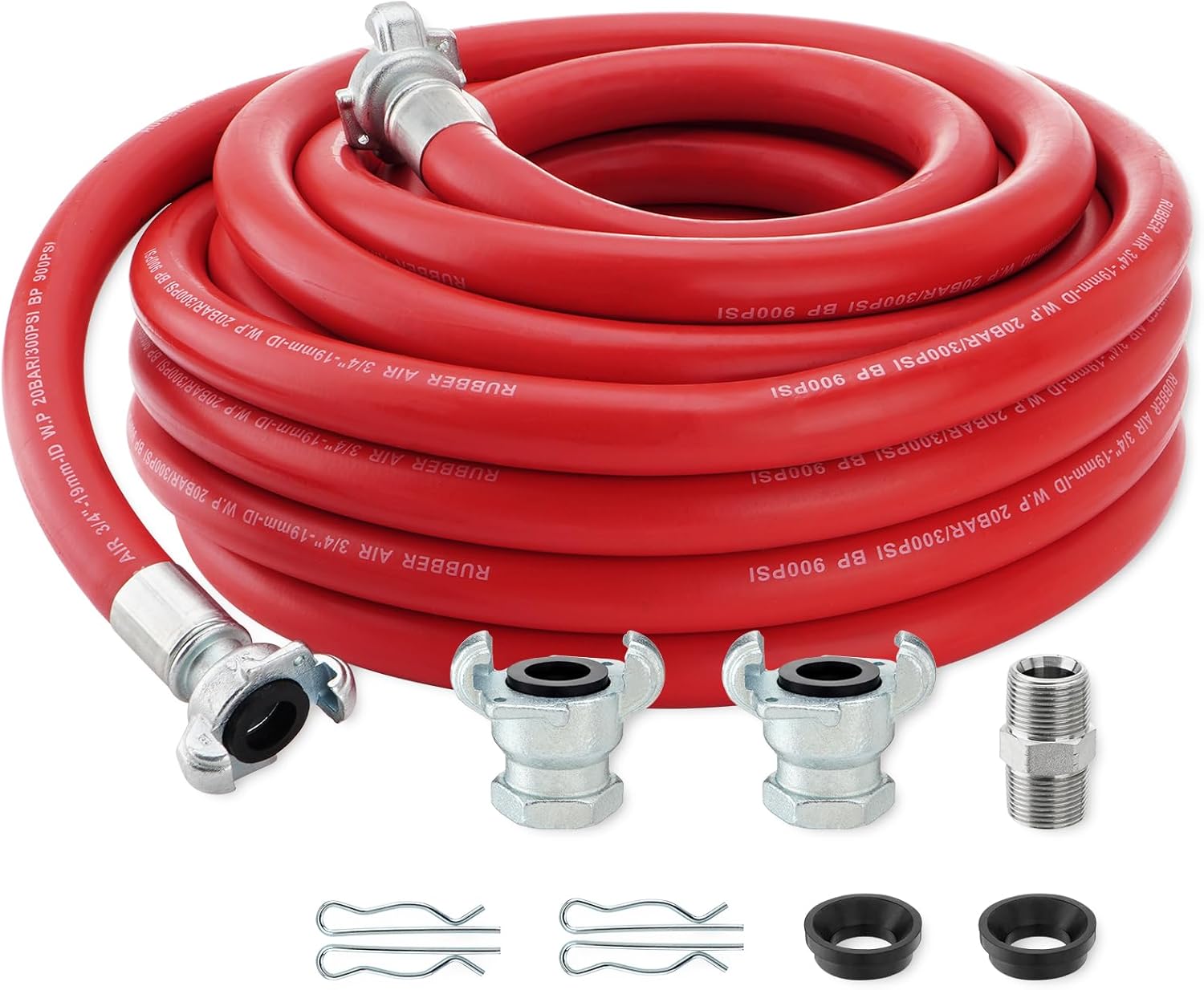 3/4 Inch x 50 FT Red Jackhammer Air Hose with Male NPT Nipple and Female NPT Air Hose Fitting, 3/4 Inch Rubber Pneumatic Hose Assembly for Jack Hammers, Air Tools