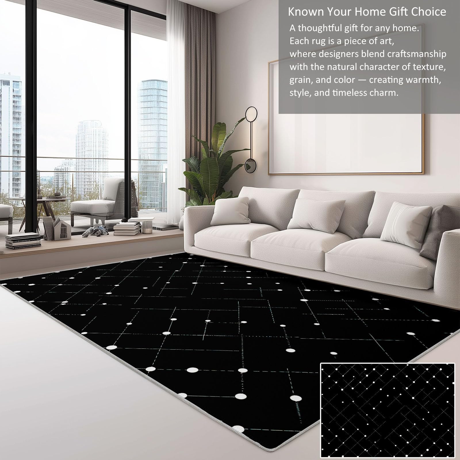 Minimalizm dywan z diamentami, 120 x 160 cm, nadaje się do prania, dywan do salonu, na balkon, taras, płasko tkany, miękki, odporny na zabrudzenia, do biura, mieszkania, czarny