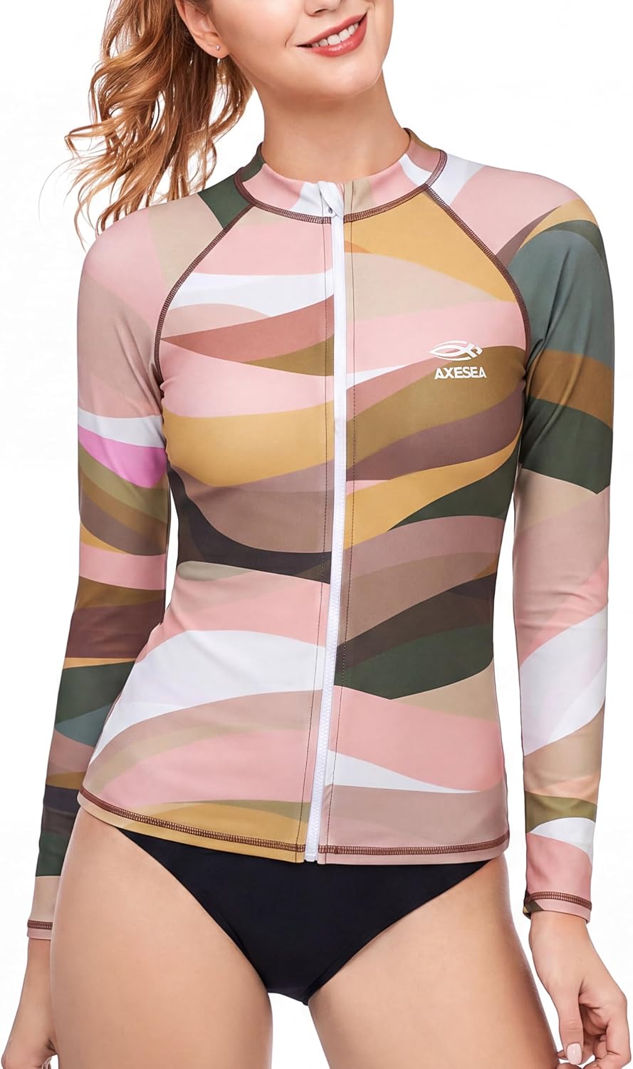 AXESEA Women Long Sleeve Rash Guard UPF 50+ UV Sun Protection Zip Front Swimsuit Shirt Printed Surfing Shirt Top
