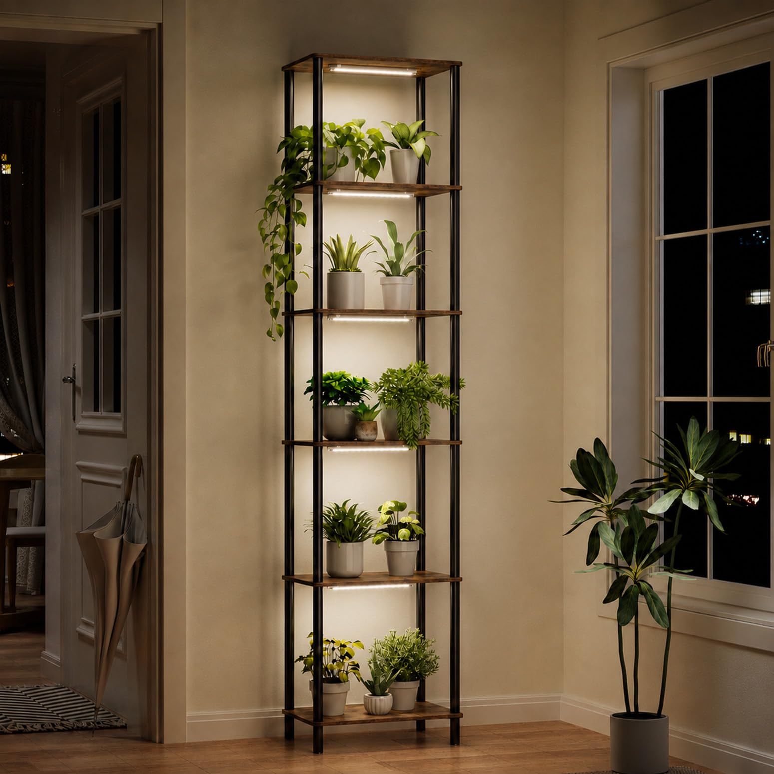 Bstrip Blumenständer mit Pflanzenlampe, 180cm 5 Ebenen Blumenständer Hoch | Holz & Metall, LED Pflanzenlampe Vollspektrum, Dekoratives Pflanzständer für indoor, Wohnzimmer, Innen Außen Blumenregal