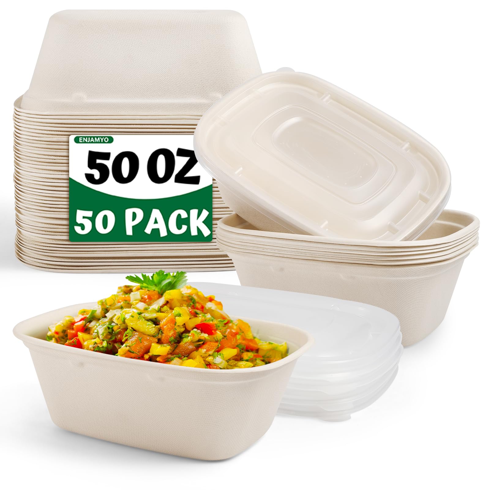 Enjamyo 50 Pack 50 OZ Large Paper Bowls with Lids,Heavy Duty Disposable Bowls Bulk,Compostable Paper Take Out Food Containers for Hot/Cold Use,Leakproof,Microwave Safe