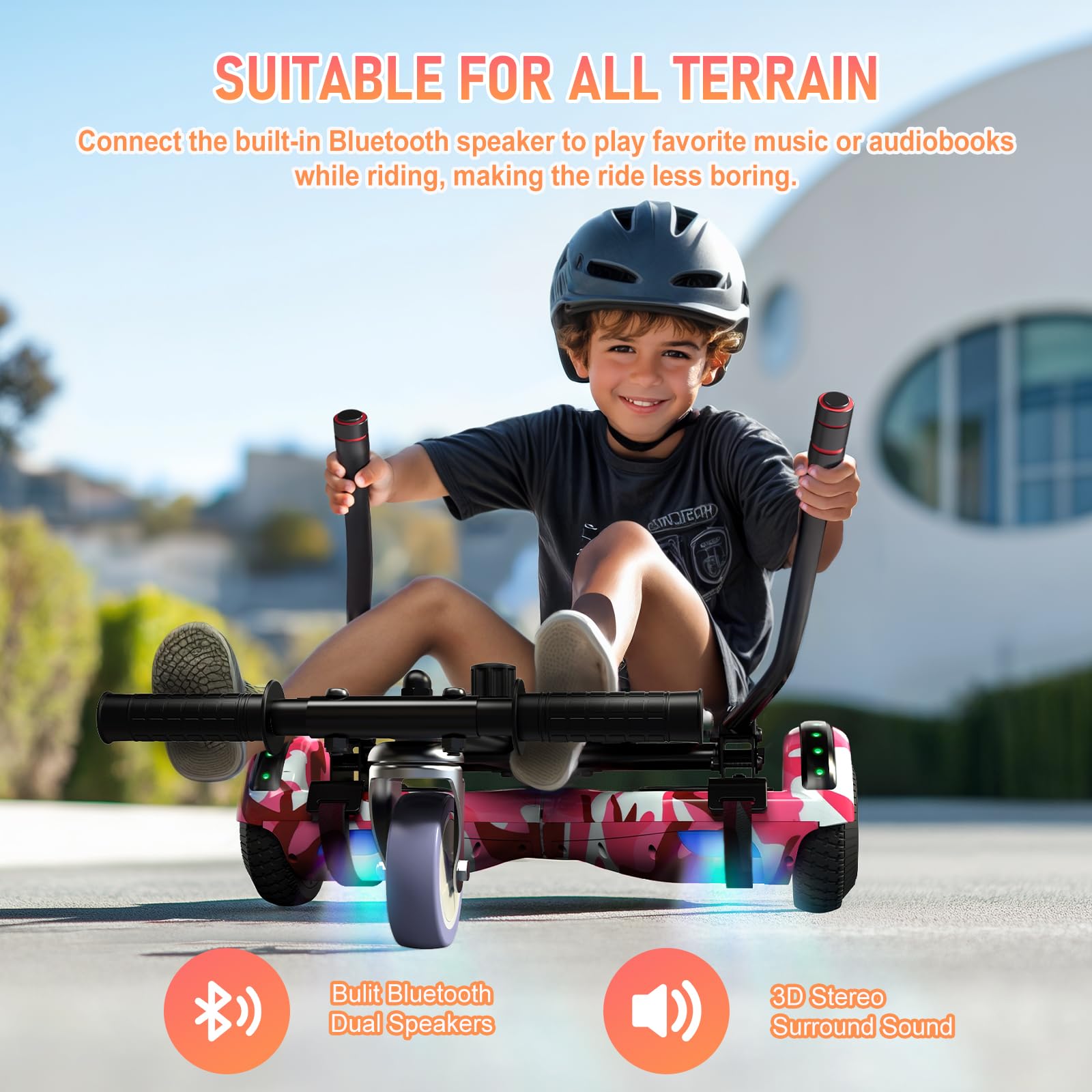 SISIGAD Hoverboard con Kart, Go Kart 6,5 pollici, Hoverboard All Terreno Auto-bilanciato con Altoparlanti Bluetooth e Luci LED, Regalo per Bambini, Rosa Camouflage