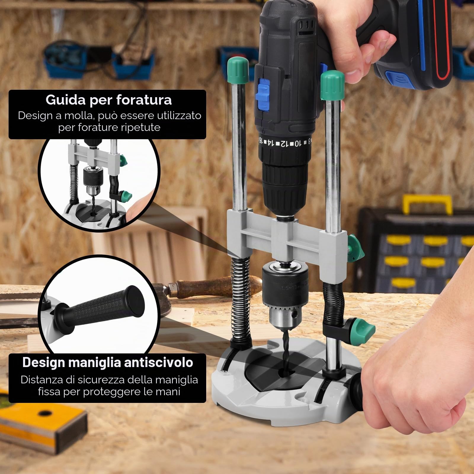 Supporto per trapano, 15 x 6,5 x 29 cm, supporto per trapano portatile con mandrino multiangolo, 45 – 90 gradi, regolazione multiangolo, punta per fori per la lavorazione del legno