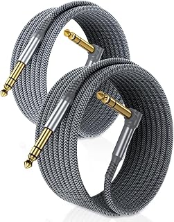 6.35mm TRS Instrument Cable 20FT 2-Pack,Right Angle 90 Degree 1/4 Inch Male Jack Stereo Audio Cord,6.35 Balanced Line Lead for Electric Guitar,Bass,Keyboard,Mixer,Amplifier/AMP,Speaker,Equalizer