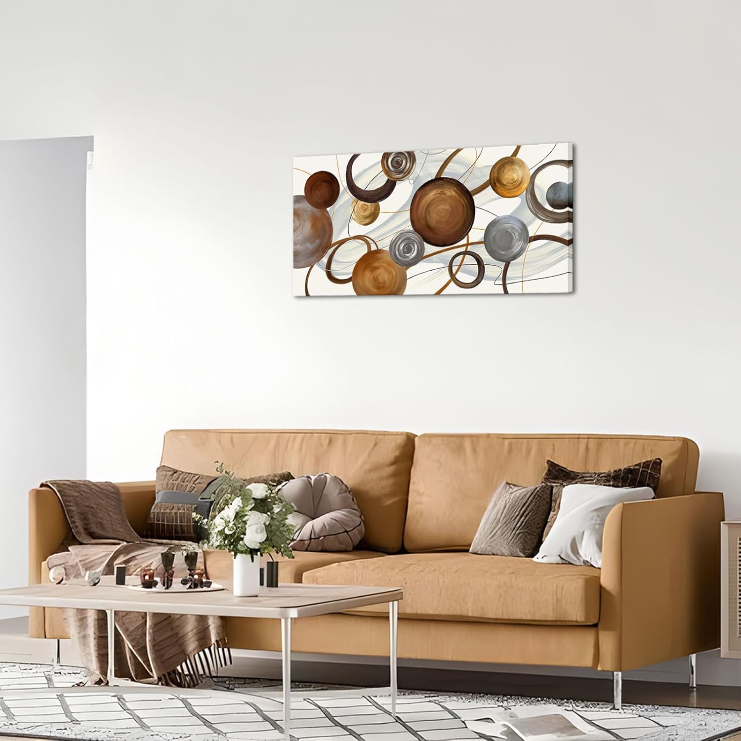 VANSEEING Abstract Wall Art for Living Room Canvas Prints Brown White Grey Geometric Circle Painting Modern Artwork Wall Decor for Office Bedroom Decoration 20" x 40"