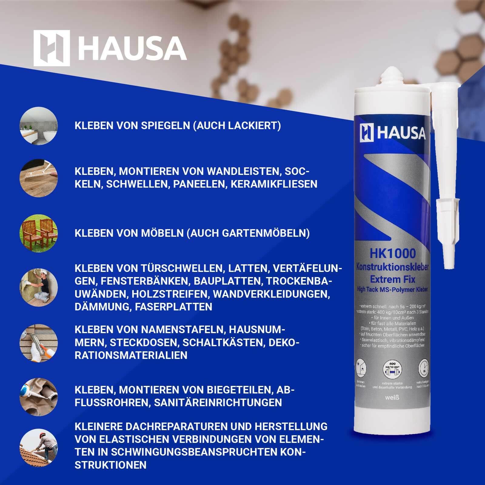 HAUSA Colle de construction HK1000 Extrem Fix Extrêmement forte et rapide Colle de montage professionnelle pour tout intérieur et extérieur Montage simple solide et rapide 6x 290ml Blanc