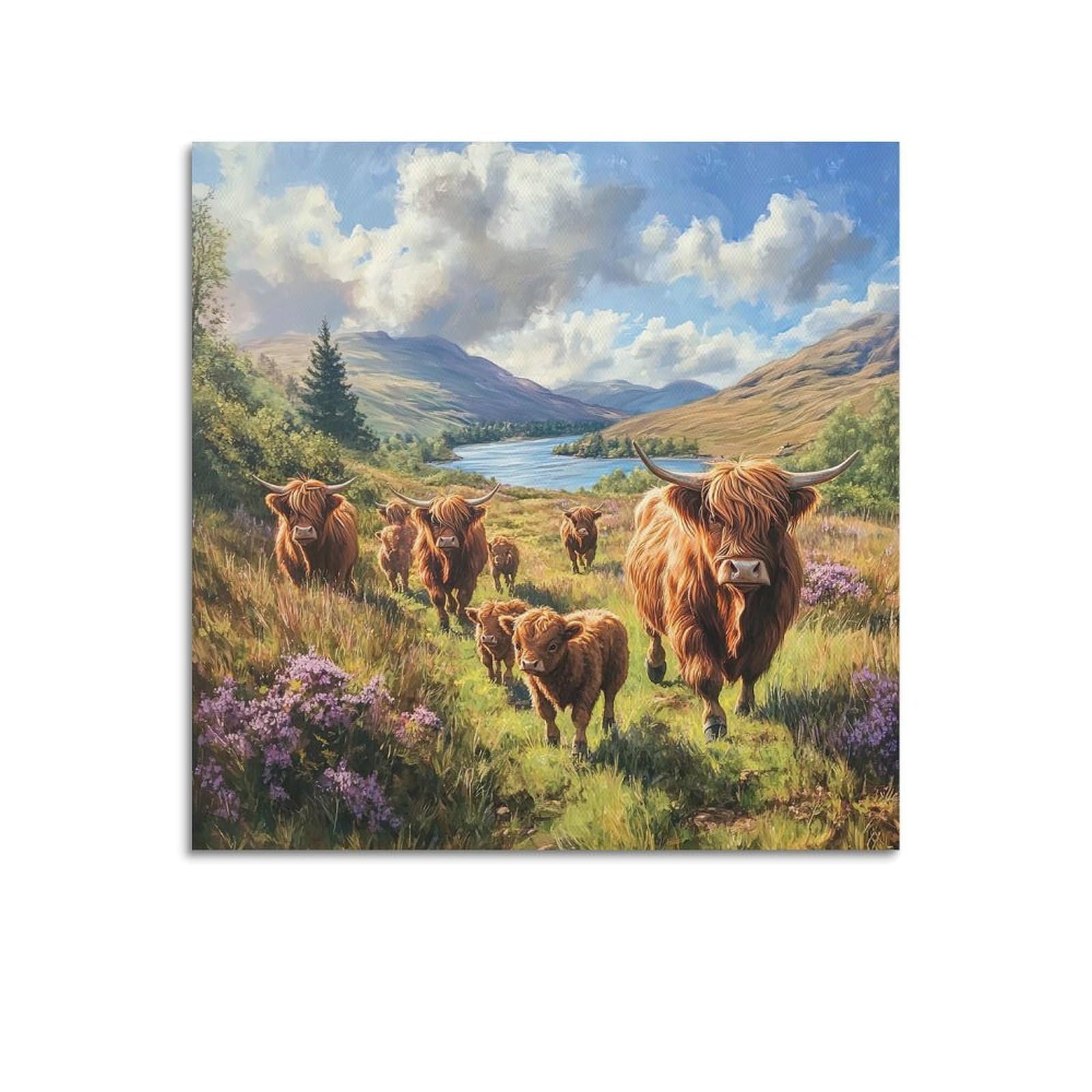 ESTE Vintage Highland Cow Purple Flowers Artwork Poster Decorative Painting Canvas Modern Art Picture 24x24inch(60x60cm)