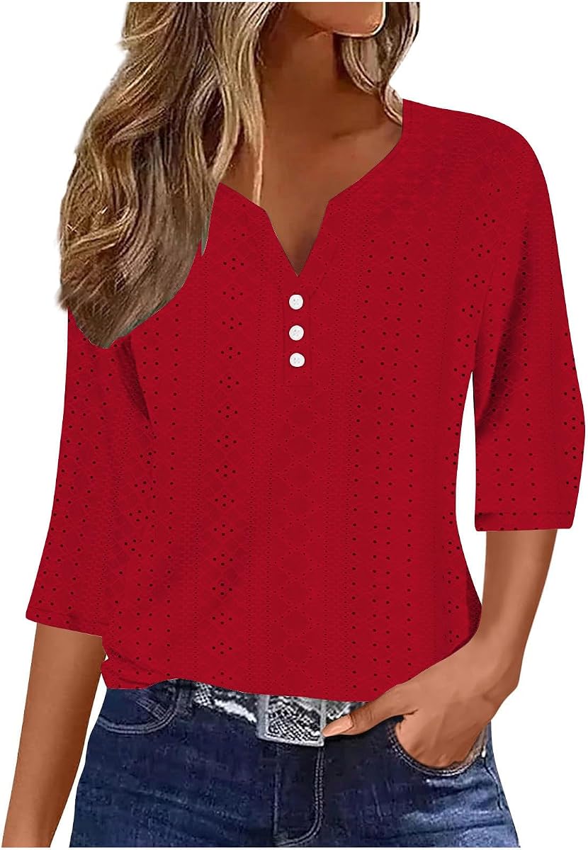 Camisetas de verano para mujer 2025 de moda de manga 3/4 con ojales en el cuello camisas vestidas casuales de vacaciones blusas de túnica