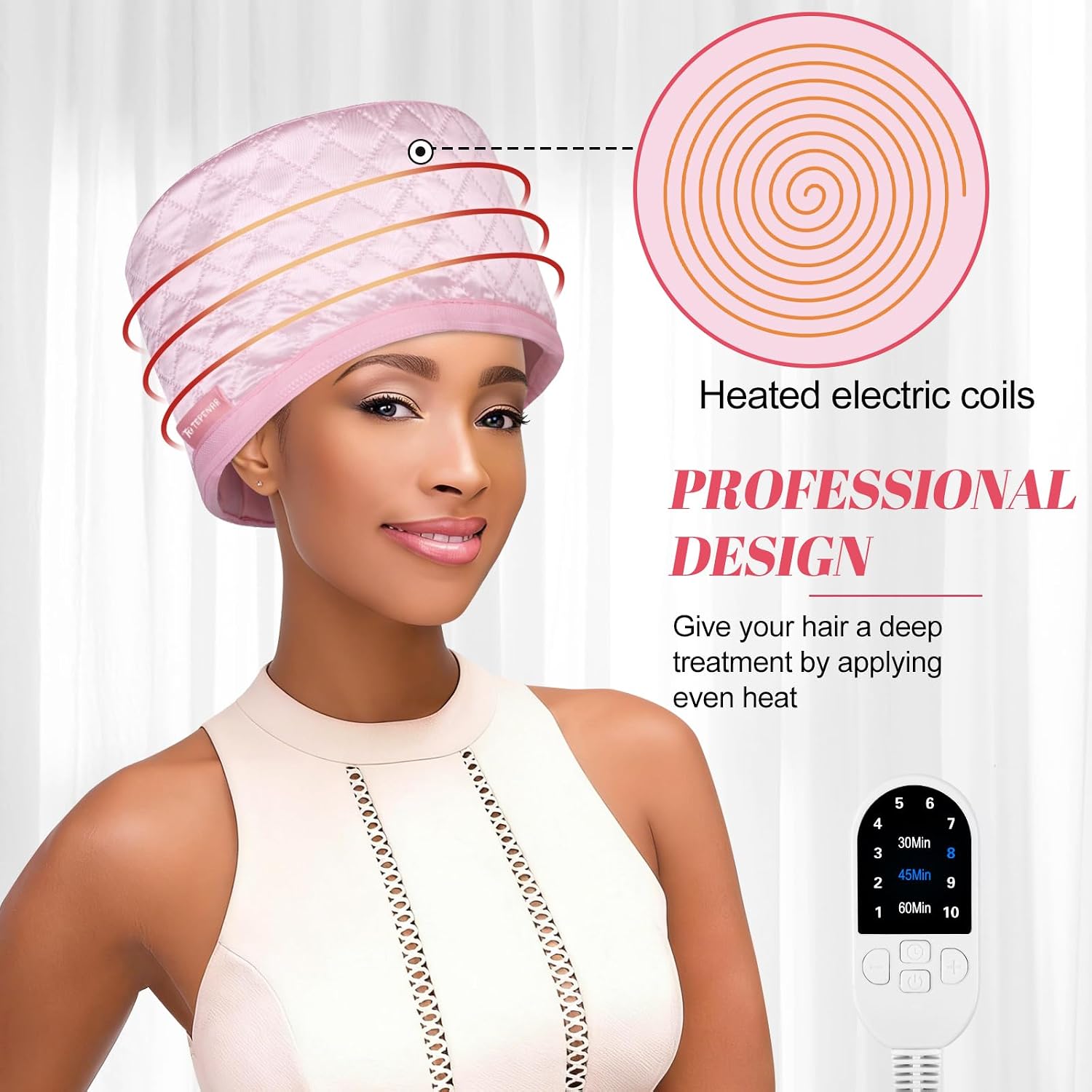 TEPENAR Hair Steamer for Deep Conditioning: Upgraded Heat Cap with 10-Level Fast Heating 3 Time Settings for Natural Hair Portable Thermal Steam Cap for Home Hair Treatment - Pink