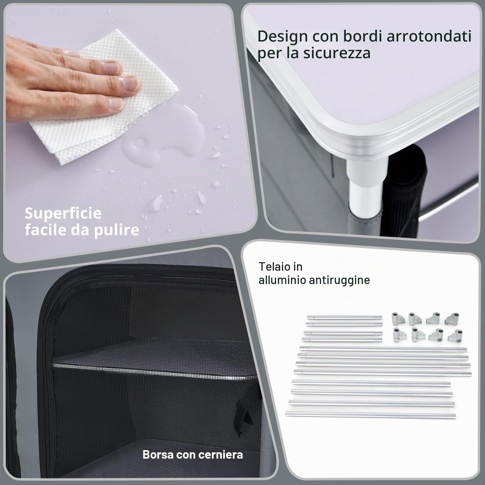 KOMFOTTEU Tavolo Pieghevole da Campeggio in Alluminio a 4 Livelli, Tavolo Picnic Richiudibile con Ante in Rete con Cerniera, Borsa per il Trasporto, Cucina da Esterno, Picnic, Barbecue, Festa