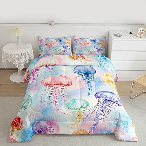 Miniatura 3 de Erosebridal Juego de edredón de medusas, tamaño matrimonial, juego de ropa de cama náutica costera del océano, animales marinos, vida marina,