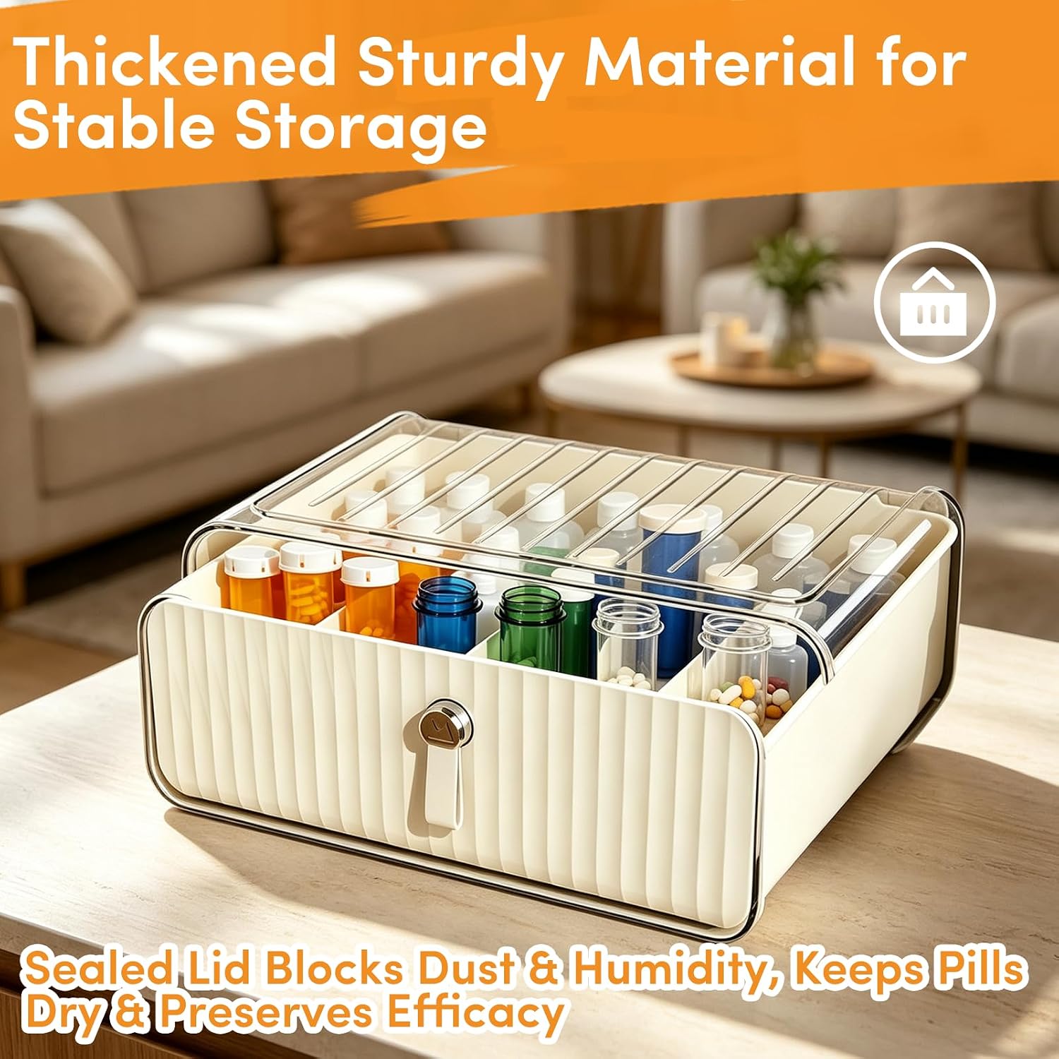 Prescription Bottle Organizer, 16-Compartment Medicine Storage Box with Clear Top & Pull Tab Handle, Pill & Vitamin Organizer for Home Medication Station