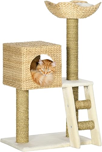 PawHut Cattail Weave - Árbol para gatos de interior, torre de gatito con condominio de ratán para gatos, cama de mimbre, escalera, cojines lavables,