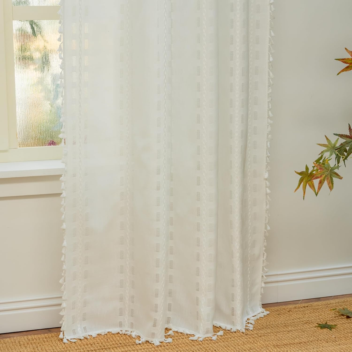 Deeprove White Cream Boho Curtain 72 inches Length for Living Room Bedroom Nursery, Bohemian 72 inches Long, Geometric Stripe Embroidery Privacy Window Fringe Decoration W52 x L72, Single 1 Panel