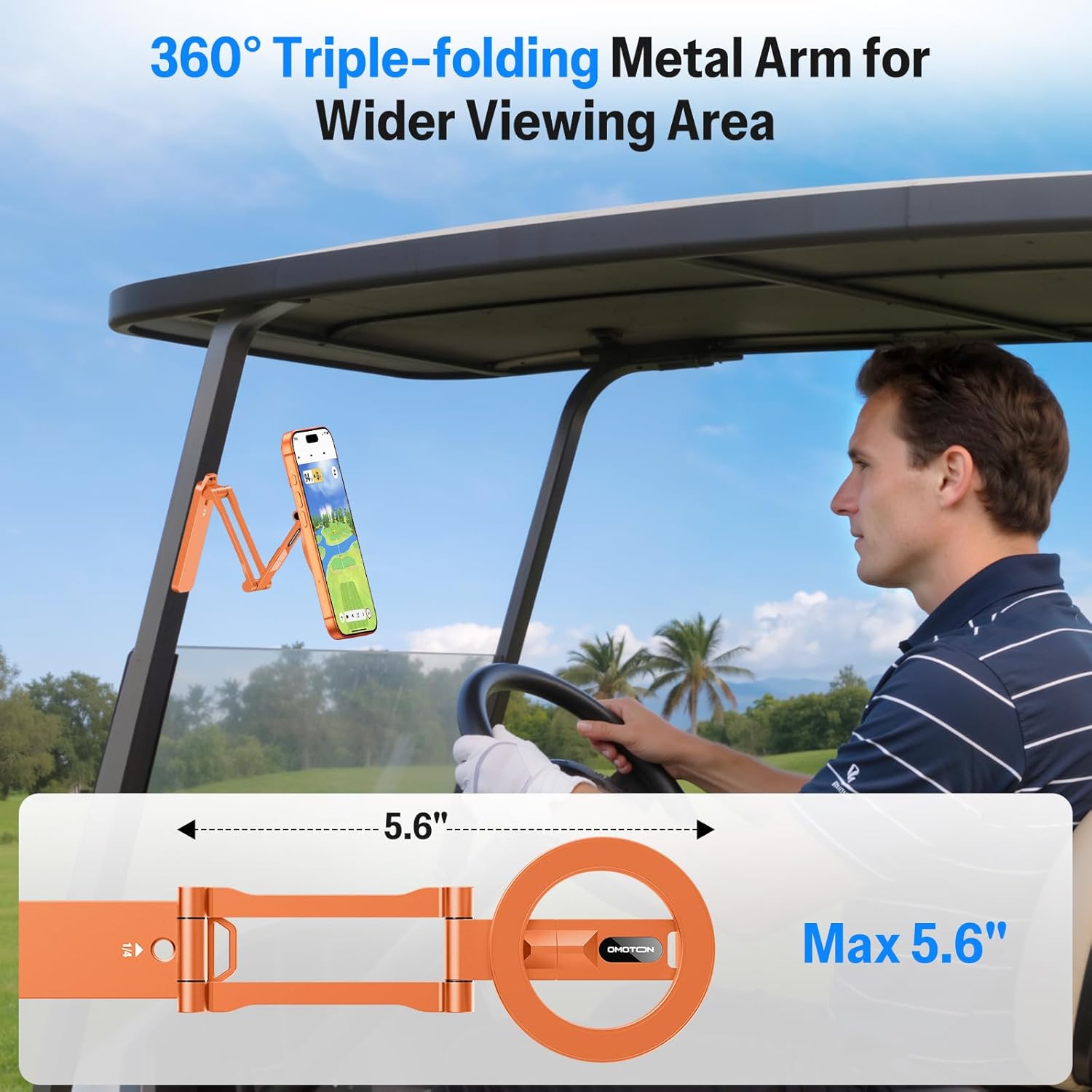 OMOTON CV08 Magnetic Golf Cart Phone Mount with [1/4” Screw + 5.6” Extendable Arm], 360° Rotatable Holder, Strong Magnets for iPhone & Samsung, Fits EZ-GO/Club Car, Includes Pouch & Strap (Orange)