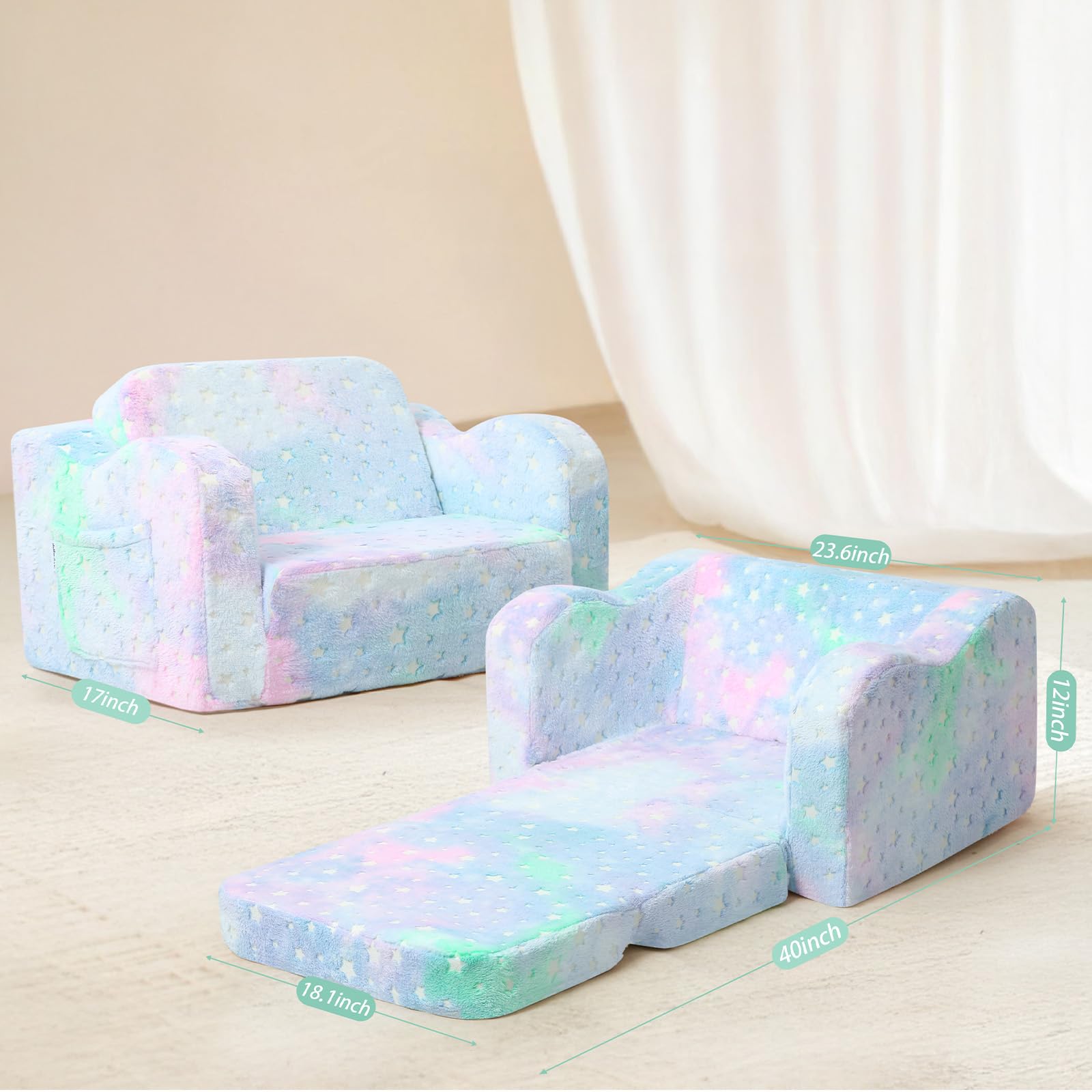 MeMoreCool Canapé pour Enfants, Petit Canapé-lit pour Enfants, Mini Canapé Convertible Pliable pour Tout-Petits, Fauteuil Pliable en Peluche Douce Qui Brille dans Le Noir, Dinosaure Brillant
