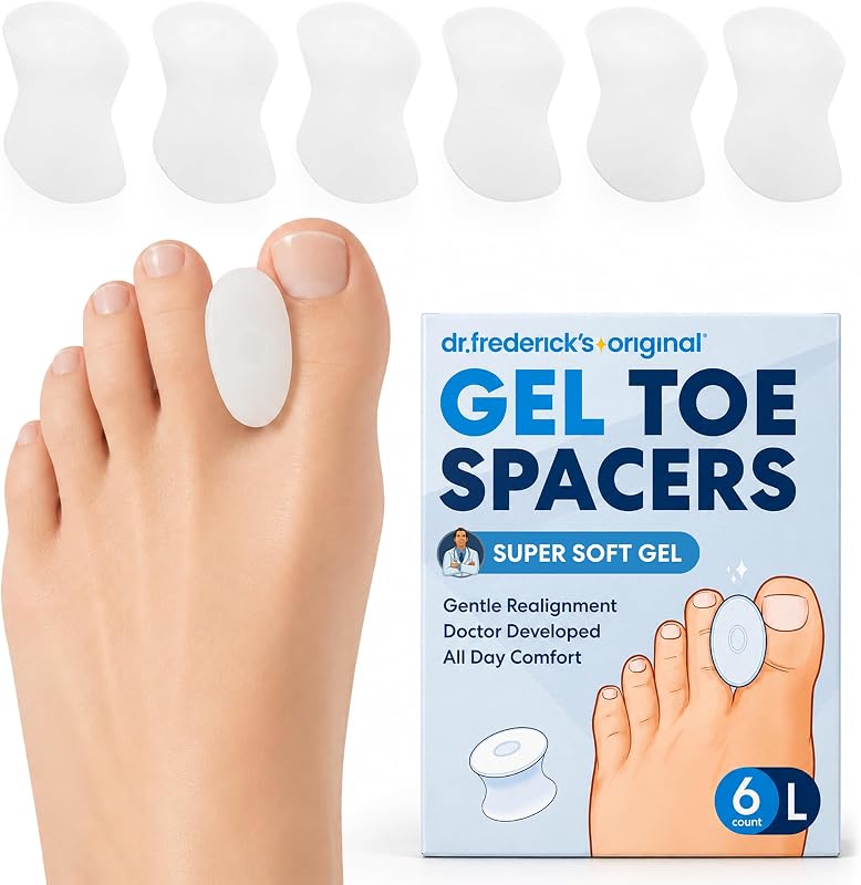 Separadores de dedos de gel originales Dr. Frederick's, grandes, 6 unidades | Espaciadores de juanetes suaves, dedos superpuestos y alineación suave, lavables y reutilizables, mujeres y hombres, espaciado de dedos de gel suave