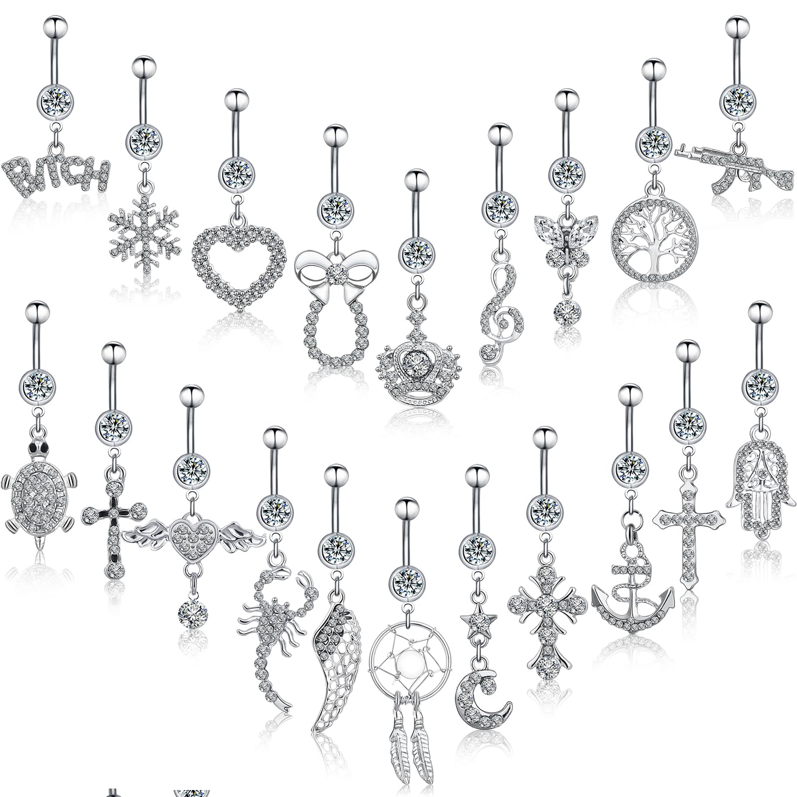 Junkin 20 Pcs 14G Dangle Belly Button Ring, Dangling 316L Surgical Navel Rings Cubic Zirconia Belly Piercing Jewelry