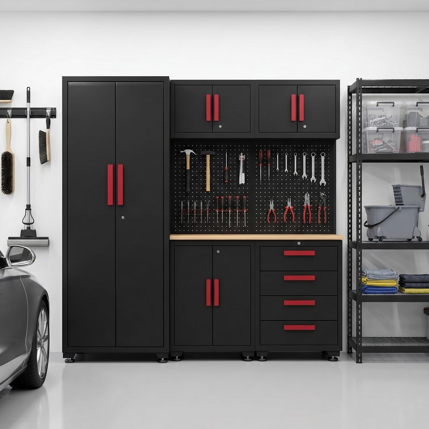 Garage Storage Cabinet System, 6-Pcs Garage Cabinets and Storage System Corner Workshop Set with Corner Cabinet, Cabinet Drawers, Workbench, Pegboard for Tool Organization, Black and Red