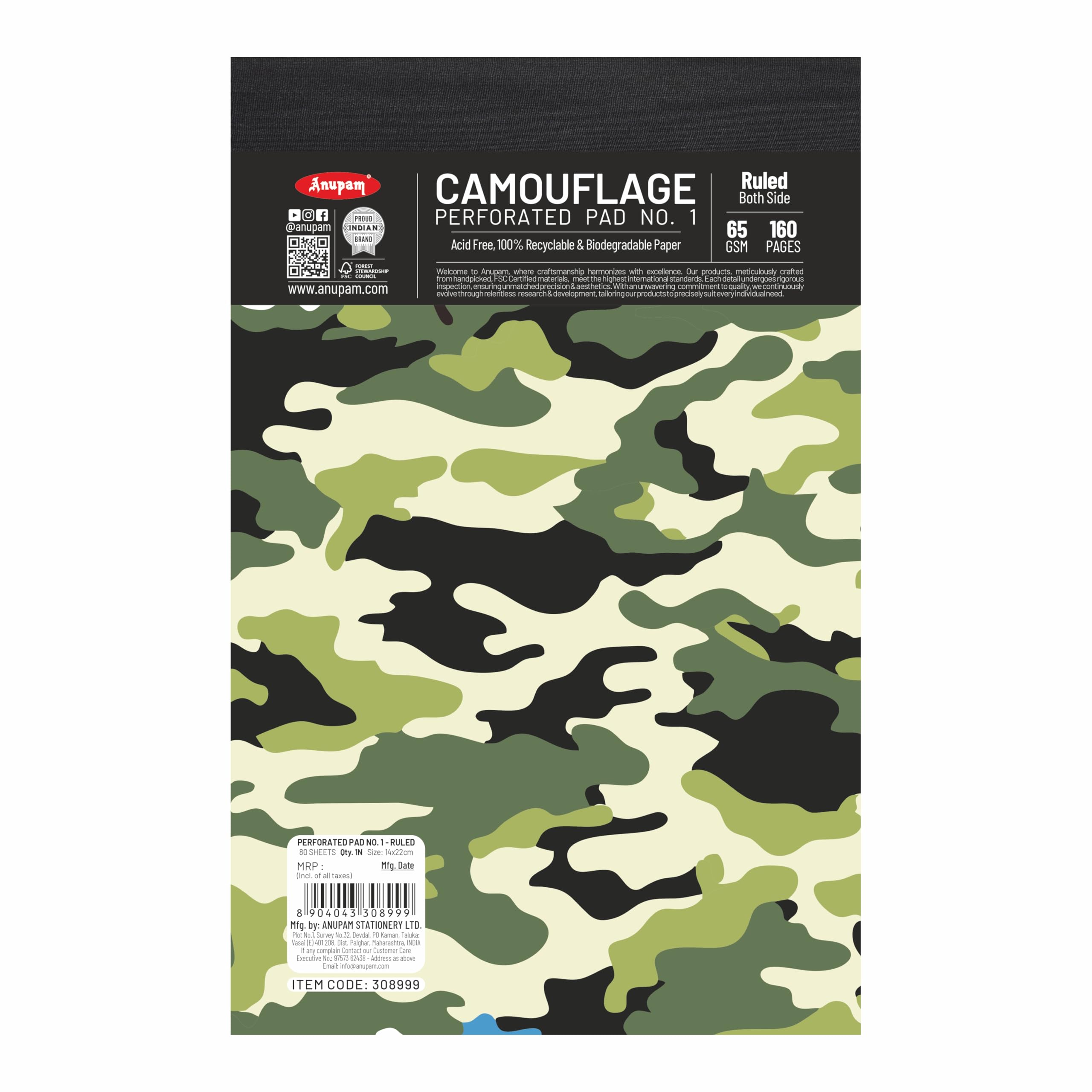 Anupam Camouflage Writing Pad 14x22cm Lined Paper 65Gsm Wide Ruled 80 Sheets Notepad, Micro Perforated Notebook with Strong Back Board for School, College, Office, Business (Size : 1, Pack of 3)