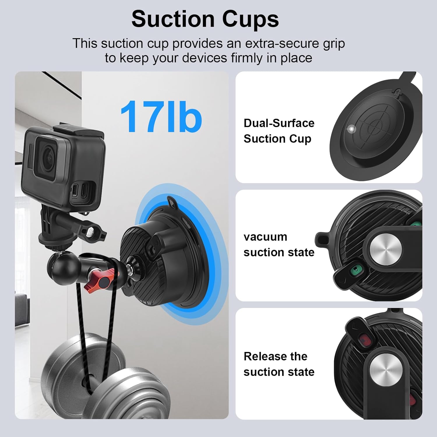 Suction Cup Mount with 10" Carbon Fiber Rod- Adjustable Car & Home Camera Holder for Action Cams,Smartphones & 360°Cameras - Compatible with GoPro,DJI OSMO,Insta360 X4/X3,Akaso,and More