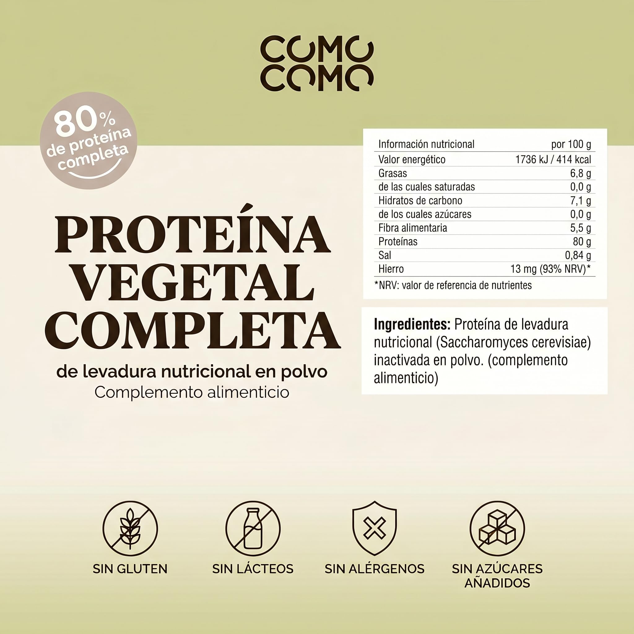 Proteína de Levadura Nutricional Completa 1 kg | 80% Proteína | Sin Sabor | Proteína Vegana de Como Como Foods | Sin Edulcorantes | 9 Aminoácidos Esenciales | Sin Gluten