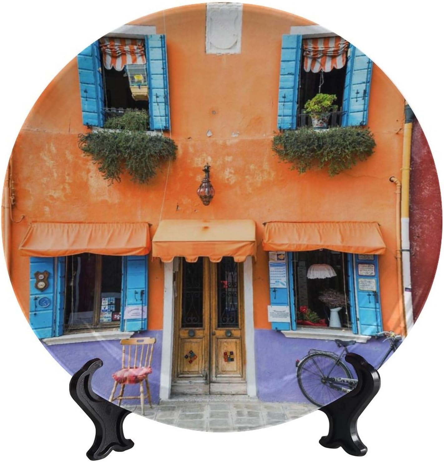 Platos decorativos de cerámica con temática de paisaje, colorido plato decorativo redondo para tienda y bicicleta, con soporte decorativo, para sala