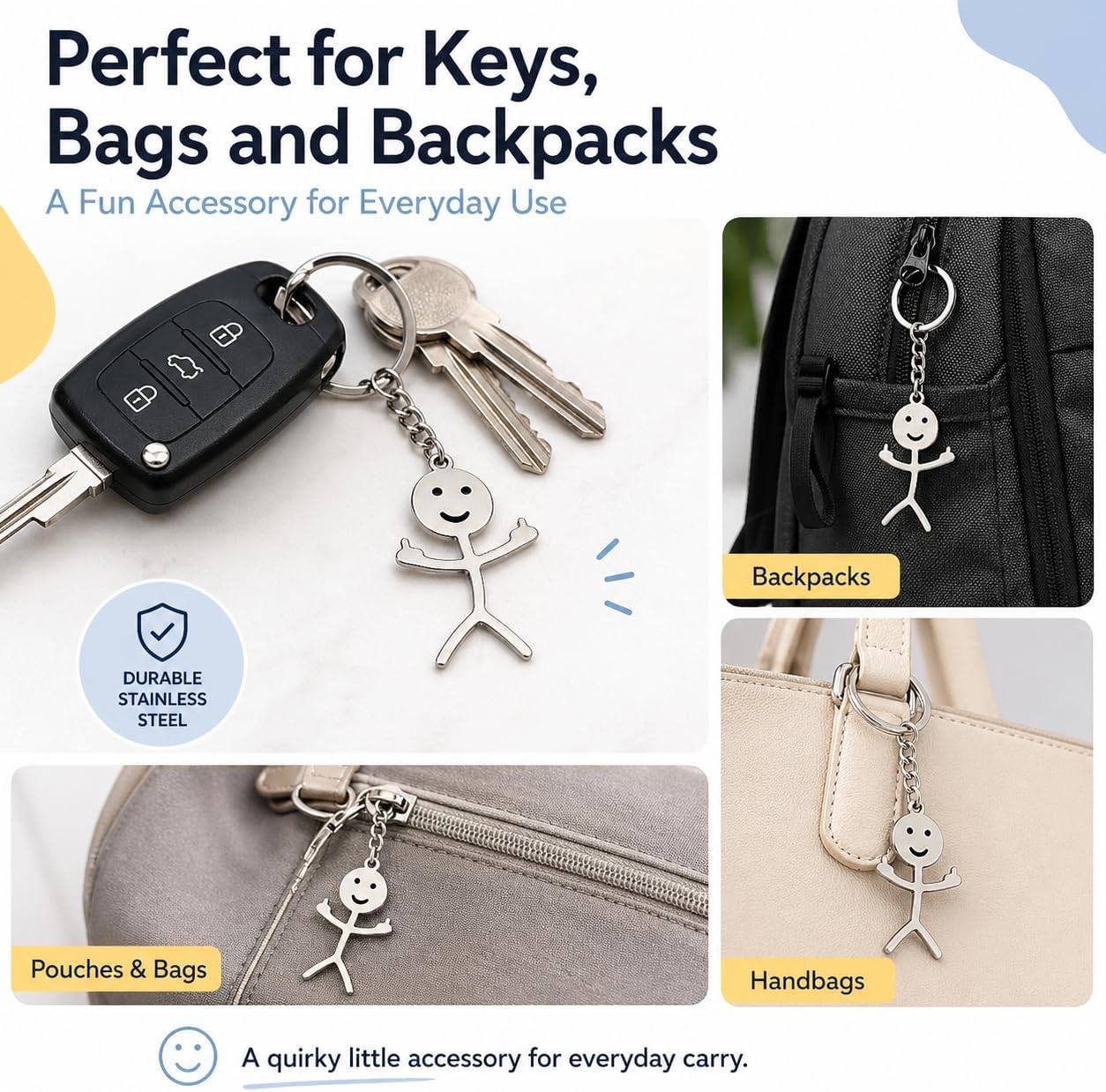 Stainless Steel Funny Doodle Keychain, Cute Stickman Keychain Charm, Metal Key Chain Accessory for Backpack Purse Car keys, Gift for Friends