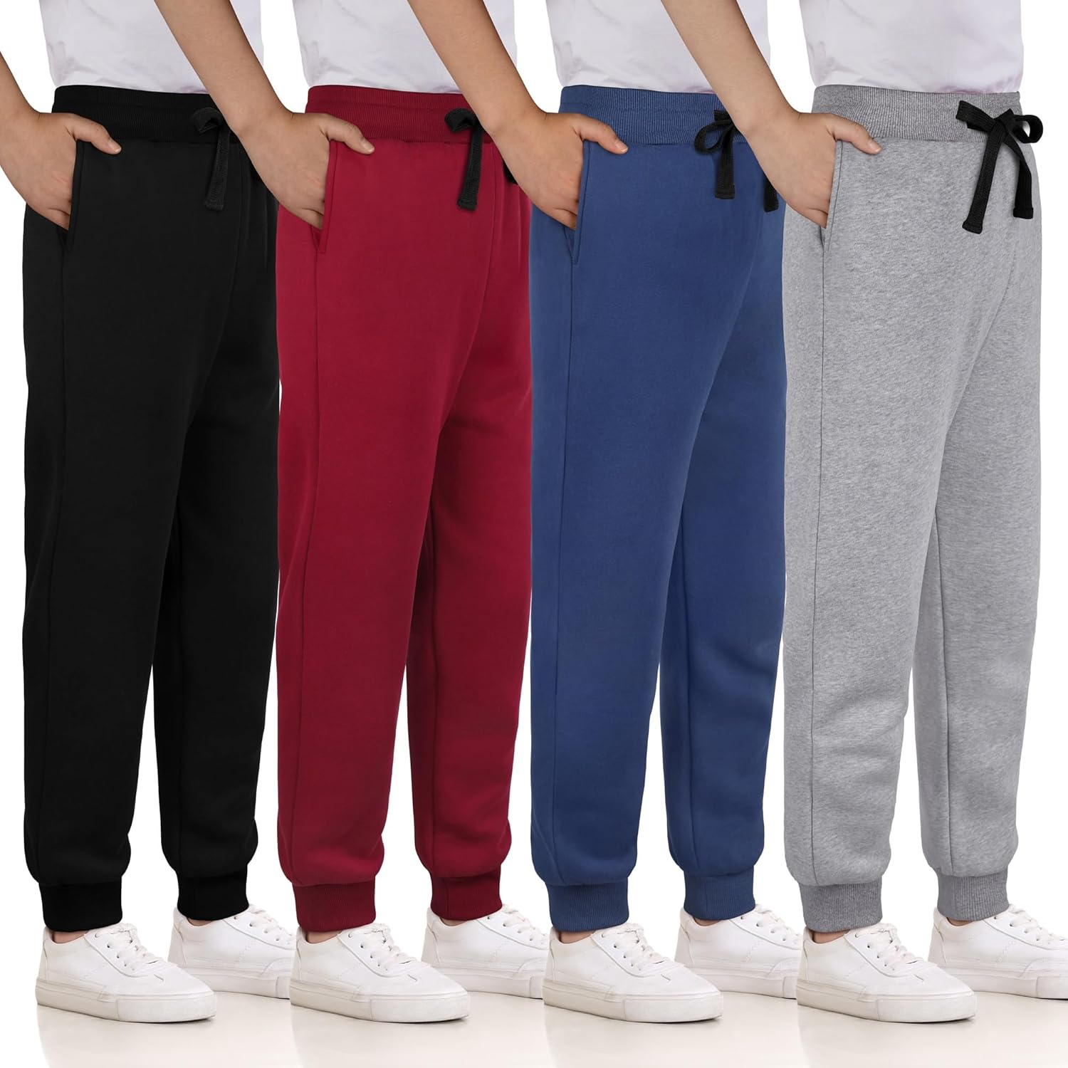 4 Pack Boys Sweatpants Cotton Fleece Lined Boys Athletic Joggers, Active Sweat Pants with Pockets Drawstring for Kids Youth