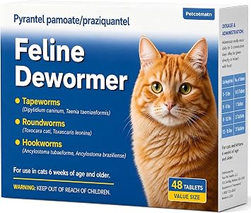 Dewormer for Cats & Kittens, Broad Spectrum Cat Dewormer for Tapeworms, Roundworms & Hookworms, 48 Tablets