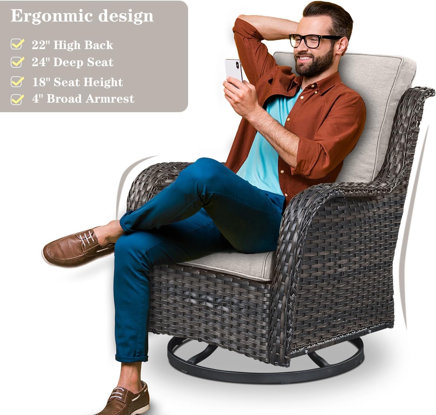 Wicker Outdoor Furniture Patio Furniture Set - 6 Piece Patio Conversation Set with Swivel Rocker Chairs, Rattan Sofa, Ottomans and Coffee Table, Beige Cushion 6 PCS - Sofa Brown Wicker / Beige Cushion