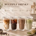 Tasses en verre ribbées de 20 oz avec couvercles et pailles, ensemble de 2 tasses à café glacé, ensemble de tumblers en verre étanches pour bar à café, verres réutilisables pour eau, latte, smoothie et boissons froides